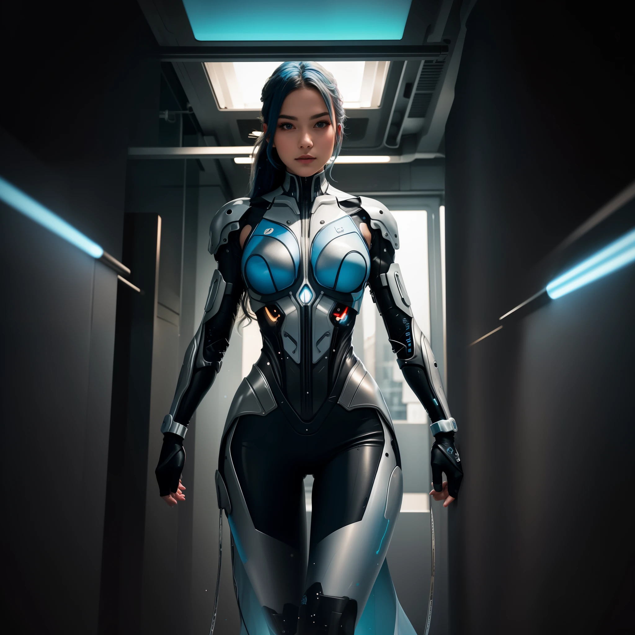 ((Masterpiece)), (Best quality), (detailed), (1 girl), (internal data flow) light blue hair with gradient, light blue glowing eyes, straight hair, in a modern white shirt and black dress, covered with data particles, locked around the neck