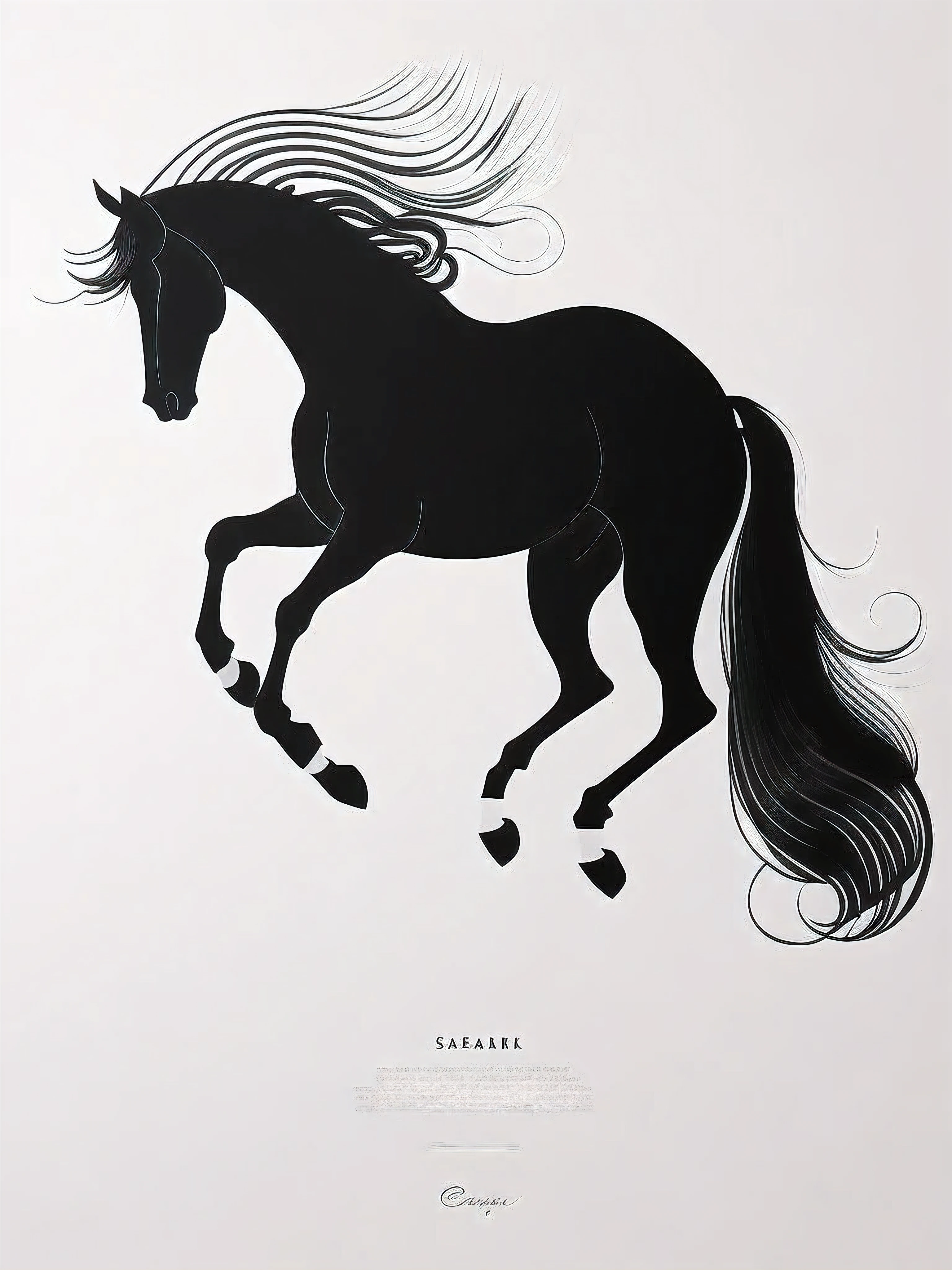 A striking black and white minimalist painting by Esab, featuring an elegant and proud horse. The horse is rendered with simplified, curved lines, giving it a unique and stylized appearance. The stark contrast between the black horse and the white background creates a powerful visual impact. The overall piece has a concept art feel, with a touch of poster-like essence, making it perfect for a gallery or illustration., conceptual art, poster, illustration