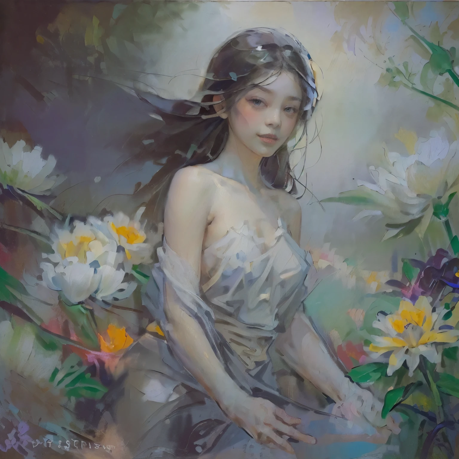 ((Create), (young girl, ************, naked, full growth, dark hair, light skin, scarlet lips, smile; black, expressive playful eyes, long eyelashes), (female naked body, fantastic space), (flowers, chrysanthemum lilies, peonies, 1 full-length girl-solo, beautiful breasts), (girl, bare shoulders, (ecchi0.5), lips, splash of water, (Flowers:0.6), (birds:0.2), (bamboo0.1) , (lakes), (very beautiful, naked girl, full height, relaxed pose, slight turn of the body, facing the viewer, beautiful small breasts), (dressed; black translucent chiffon dress, gold line, very short peignoir dress), (calm relaxed pose, hair fluttering in the wind, half turn, look at the viewer, stylish girl model)).((Background - fantastic space, flower garden, graphic clear line, stylized - graphic, (lily flowers, peonies, chrysanthemums ) - (stunning blooming irises; (purple, yellow, blue, white), (modern style, modern, very beautiful young girl). (High quality, masterpiece). ((The highest quality of workmanship, realism, oil painting, modern brushwork, the hand of a master, grace, simplicity of execution)).