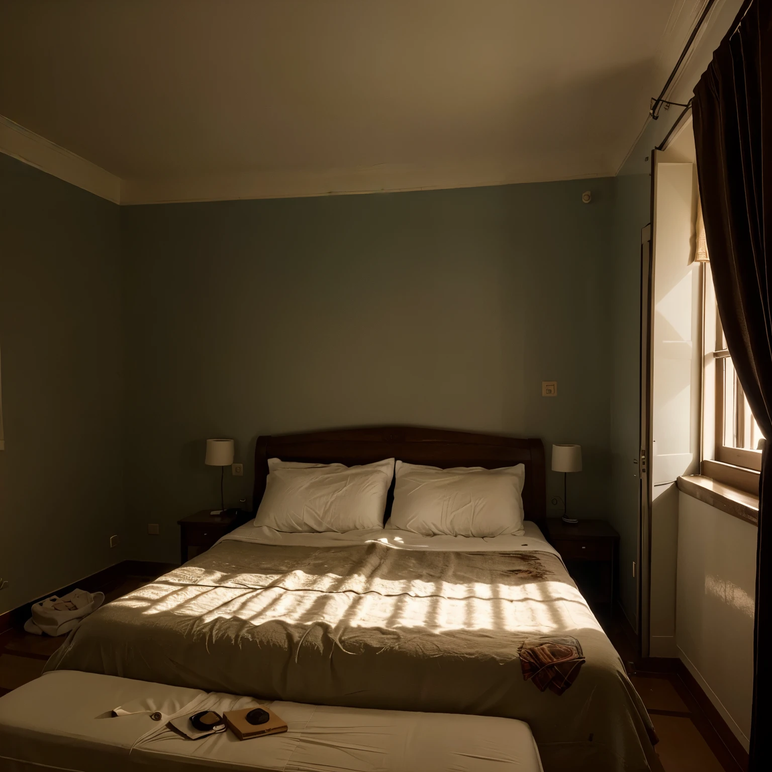 1 bedroom, dormitorio, que contenga objetos revueltos, a place where a crime occurred and there are clues to it