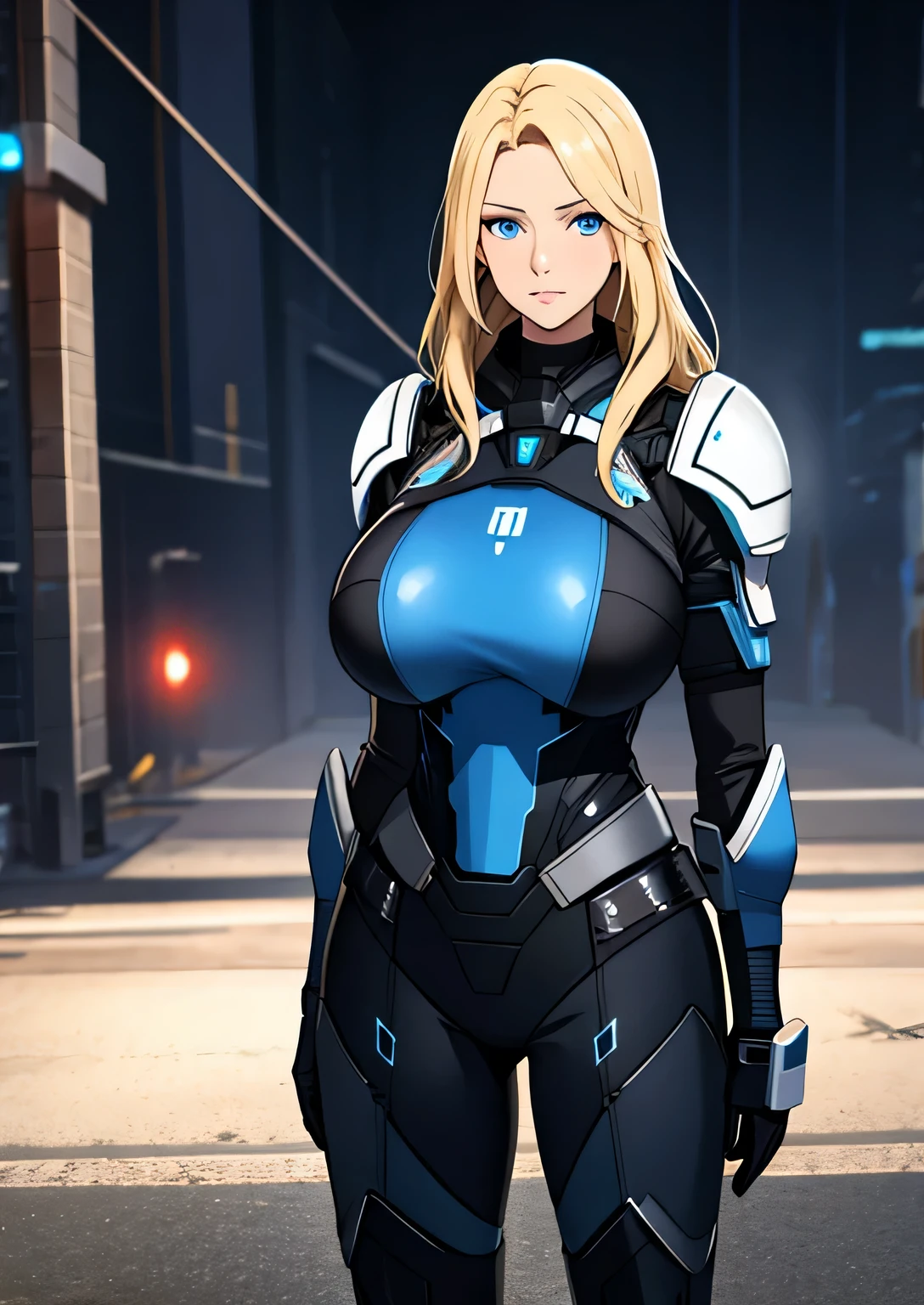 black sci-fi armor, blonde hair,  blue eyes, gigantic breasts, black pistol, solo, standing, upper body