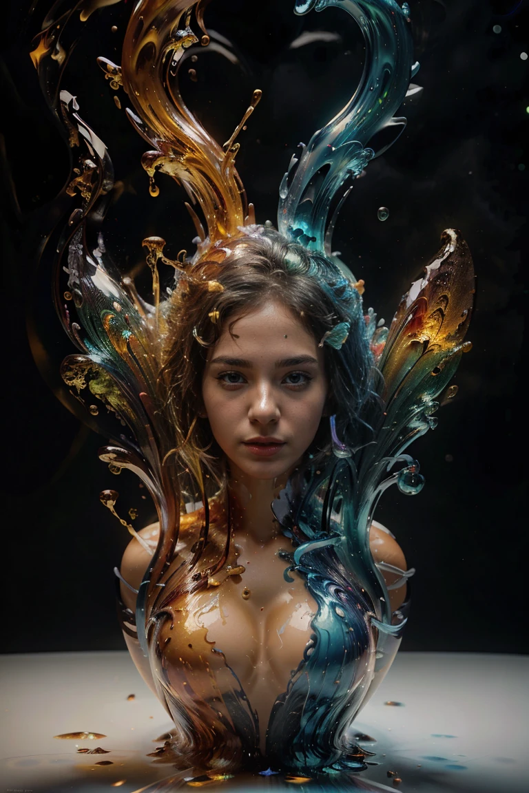 a beautiful alien woman, her skin, body and face is composed of heavy liquid gelatin, liquid crystal, transparent paint, slightly tinged with random colors, bright and vivid colors, the paint emits a faint light, you can see through her skin, her body melts with thick liquid gelatinous liquid dripping liquid fire, molten gold, surrounded by glitter, stars. planets orbiting around her