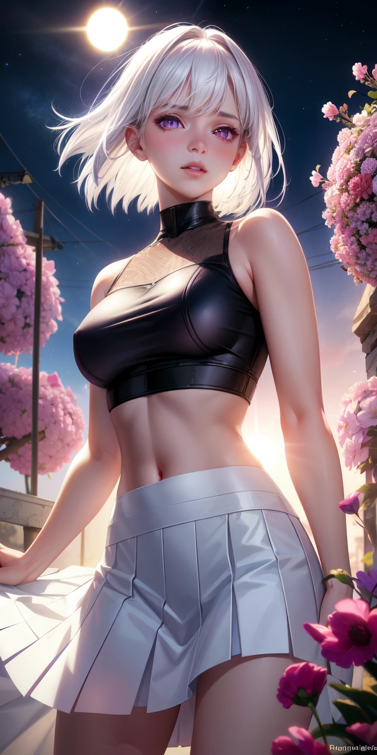 realistic, 1girl, white hair, purple eyes, glowing eyes, crop top, skirt, parted lips, blush, night, flowers, sun, sunlight,