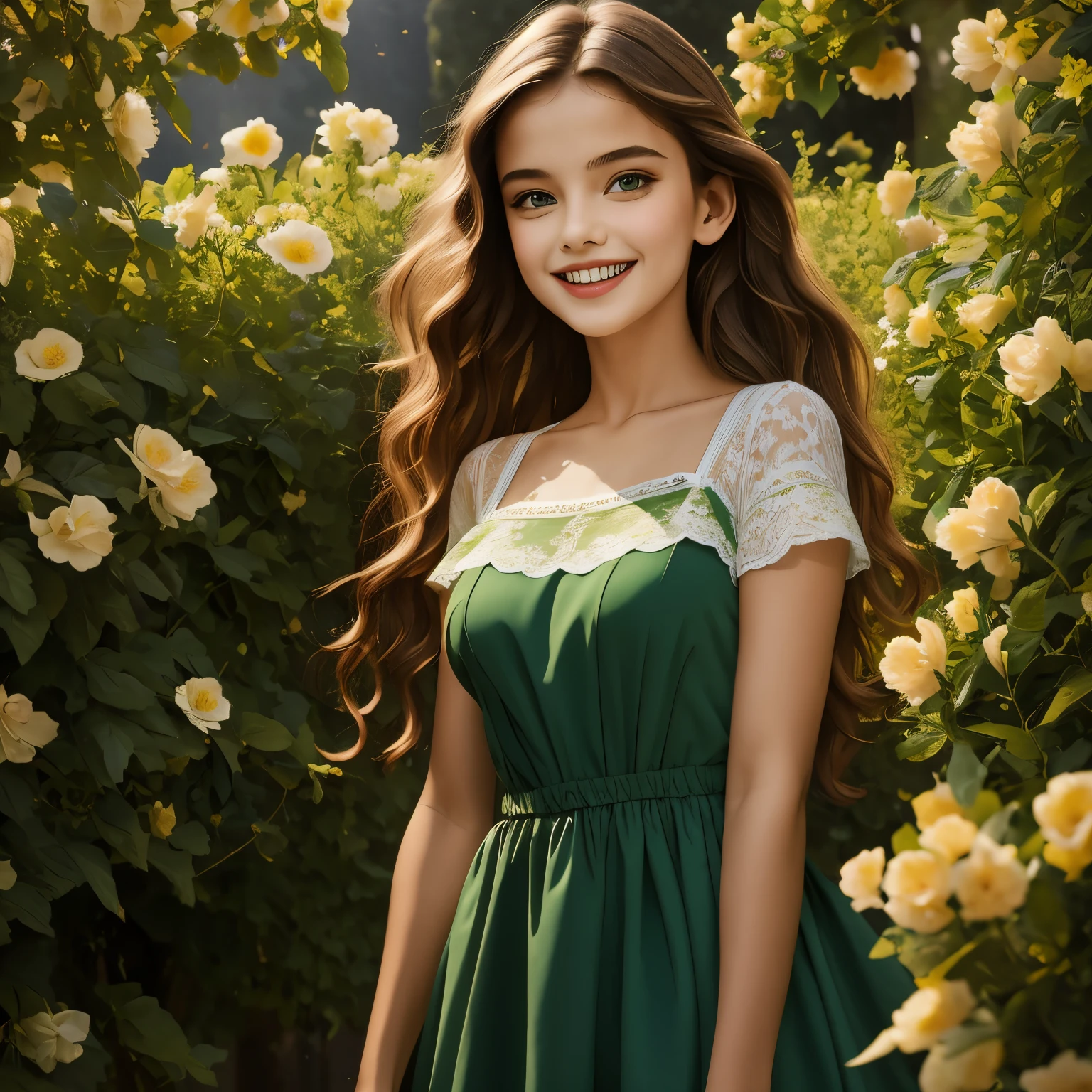 (masterpiece, best quality:1.2), Masterpiece, Best quality, 8k, 18 ans, Photo brute, absurdes, Award-winning portrait, sourire, sourire, pure, italian, elegant vibrant green dress, spring, orchard in bloom, laces, famous singer, cute, fit, healthy, lovely girl perfect girl bealtiful european babe european girl European model Italian italian girl