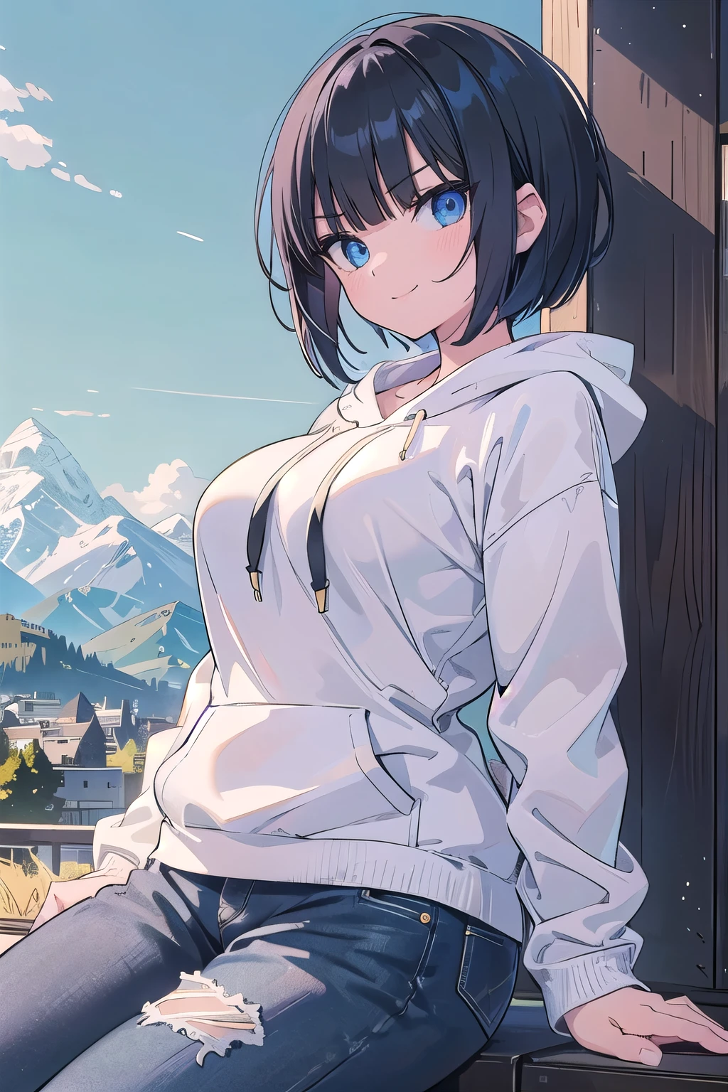 (masterpiece:1.2), (highest quality:1.2), Upper body, perfect eyes, perfect face, perfect lighting, mountainous horizon, 1 boy, black hair ((big breasts)), blue eye, ((very short back hair)), blunt bangs, bowl cut hair, cute eyes, medium breast, ((((glaring)))) , (((from below))), From the side,open mouth, vivid description,orgasm, I was scared, Ahegao, ((smile+Happy)), tooth, From the side, She is wearing pink shorts with jeans textured lace, wears hoodie in yellow modern style fashion, sitting,