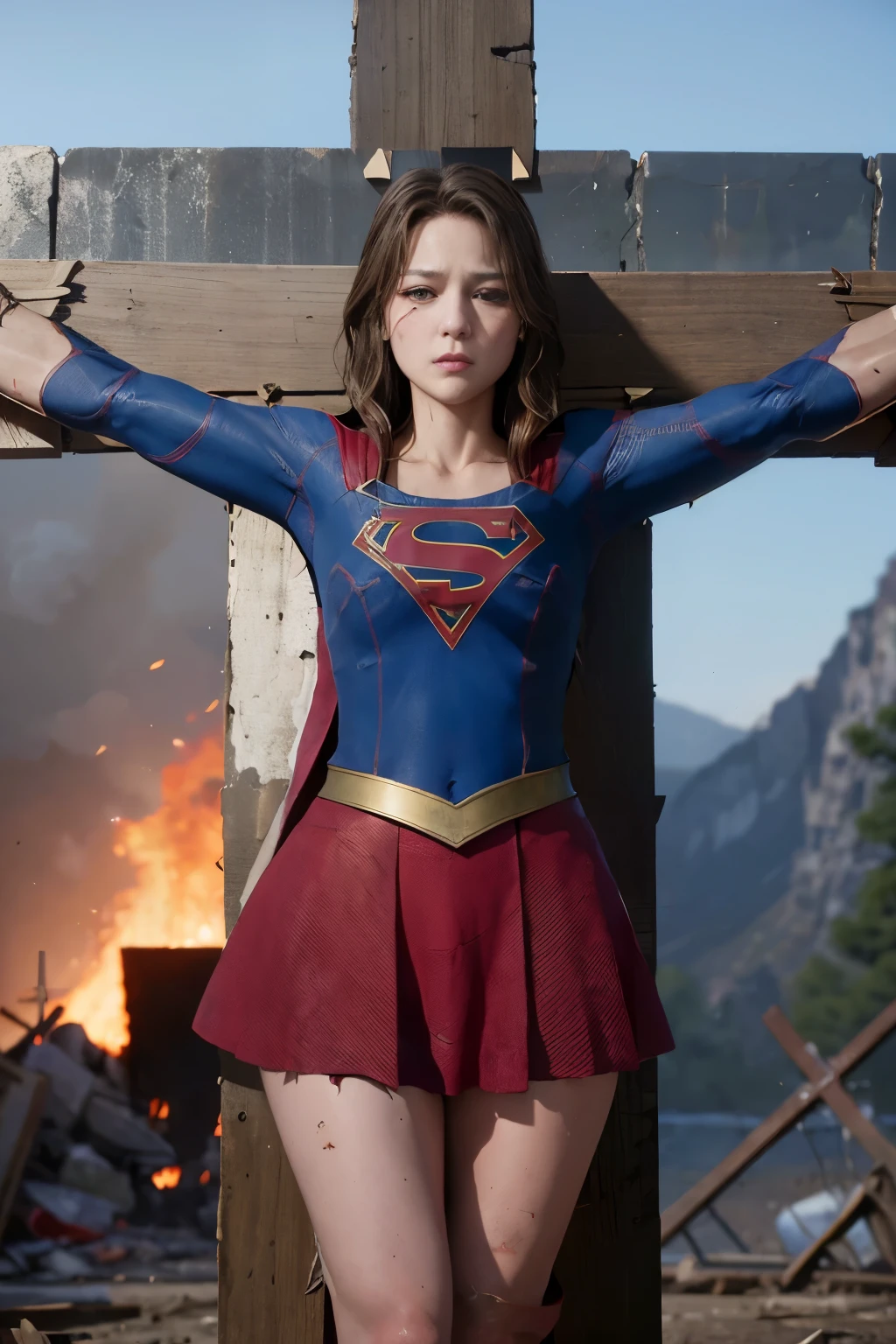 highest quality，masterpiece，UHD, Super detailed, 8K，(Beautiful woman)，(一人のBeautiful woman)，((crucifixion:1.5))，((cross))，(execution)，((incontinence))，scared，torture，slave，((crossにcrucifixionにされた女性：1.5)),crucifixion刑，((supergirl))，blue suit，Superman logo on chest，red skirt，((torn costume：1.5))，((Tearing of clothes：1.5))，(tattered clothes)，((bruises on body))，scars on body，injured face and body，(Bruise, dirty, torn clothes, revealing clothes, Blood:1.3)，traces of being beaten，Defeated heroine，a devastated world，ruins，abandoned building，(burning at the stake)，((roasted over fire：1.2))