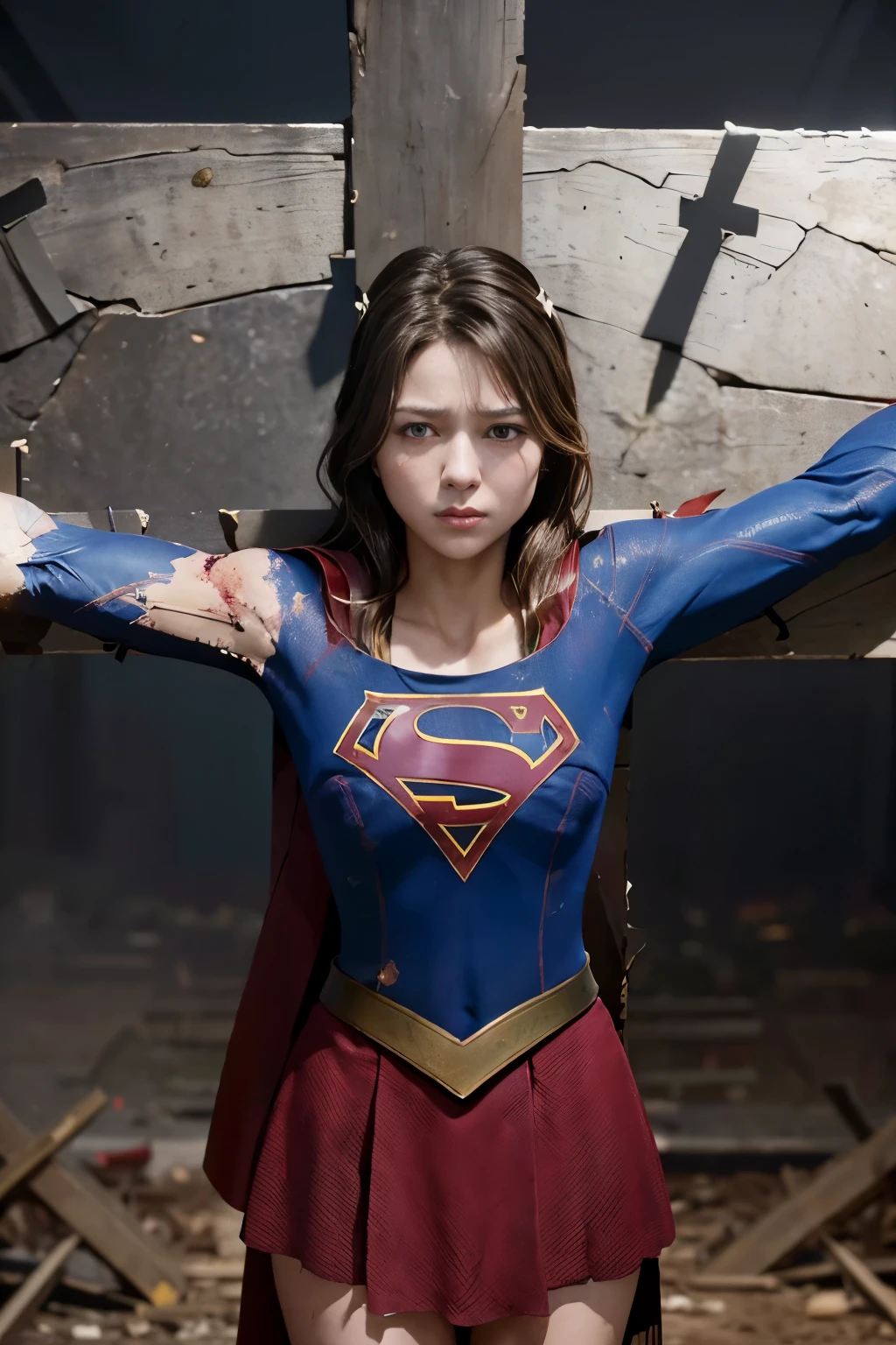 highest quality,masterpiece,UHD, Super detailed, 8K,(Beautiful woman),(一人のBeautiful woman),((crucifixion:1.5)),((cross)),(execution),((incontinence)),scared,torture,slave,((crossにcrucifixionにされた女性:1.5)),crucifixion刑,((supergirl)),blue suit,Superman logo on chest,red skirt,((torn costume:1.5)),((Tearing of clothes:1.5)),(tattered clothes),((bruises on body)),scars on body,injured face and body,(Bruise, dirty, torn clothes, revealing clothes, Blood:1.3),traces of being beaten,Defeated heroine,a devastated world,ruins,abandoned building,(burning at the stake),((roasted over fire:1.2))