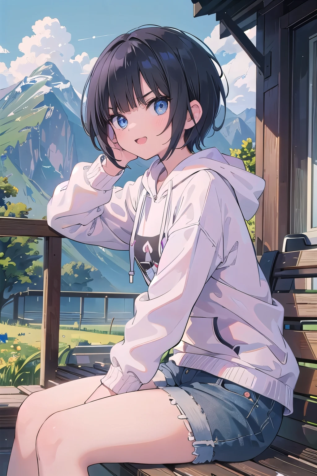 (masterpiece:1.2), (highest quality:1.2), Upper body, perfect eyes, perfect face, perfect lighting, mountainous horizon, 1 boy, black hair, blue eye, ((very short back hair)), blunt bangs, cute eyes, medium breast, ((((glaring)))) , (((from below))), From the side,open mouth, vivid description,orgasm, I was scared, Ahegao, ((smile+Happy)), tooth, From the side, She is wearing pink shorts with jeans textured lace, wears hoodie in yellow modern style fashion, sitting,