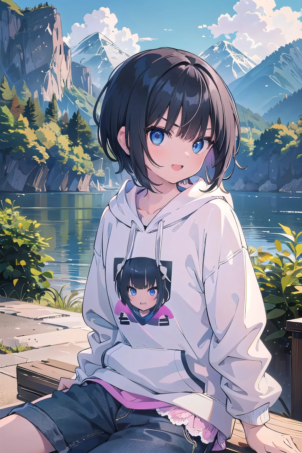(masterpiece:1.2), (highest quality:1.2), Upper body, perfect eyes, perfect face, perfect lighting, mountainous horizon, 1 boy, black hair, blue eye, ((very short back hair)), blunt bangs, cute eyes, medium breast, ((((glaring)))) , (((from below))), From the side,open mouth, vivid description,orgasm, I was scared, Ahegao, ((smile+Happy)), tooth, From the side, She is wearing pink shorts with jeans textured lace, wears hoodie in yellow modern style fashion, sitting,