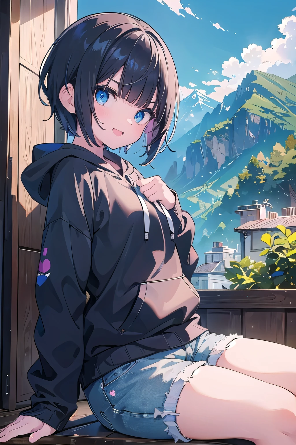 (masterpiece:1.2), (highest quality:1.2), Upper body, perfect eyes, perfect face, perfect lighting, mountainous horizon, 1 boy, black hair, blue eye, ((very short back hair)), blunt bangs, cute eyes, medium breast, ((((glaring)))) , (((from below))), From the side,open mouth, vivid description,orgasm, I was scared, Ahegao, ((smile+Happy)), tooth, From the side, She is wearing pink shorts with jeans textured lace, wears hoodie in yellow modern style fashion, sitting, small breasts