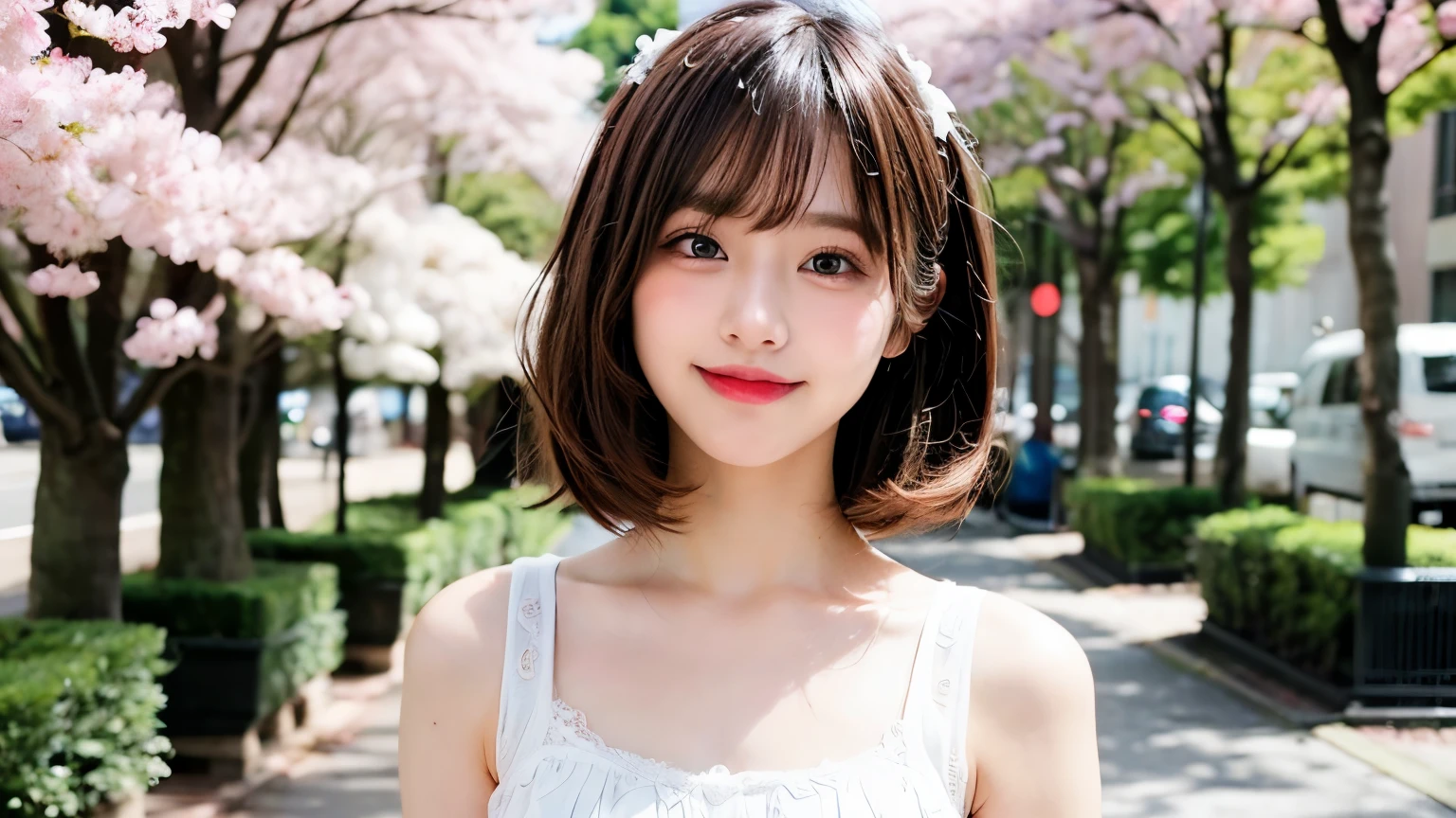 table top, highest quality, shape, Super detailed, finely, High resolution, 8k wallpaper, 完璧なダイナミックな構shape, finelyて美しい目, Wearing a white dress,medium hair,natural color lip, smile,Harajuku、teenage girl、cute、looking at the camera、C cup、brown hair、Blurred cherry blossom background