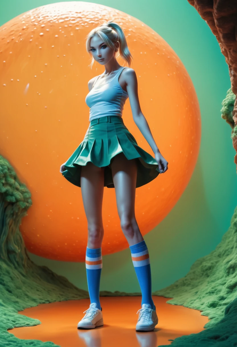 Marija, anime character, extremely skinny body shape, long legs, blonde hair with a high ponytail, mole under left eye, shoes and knee-high socks, miniskirt, tnak top, powerful, shy, submissive, the goddess of magic circles, magical powers, circles of light that emanate from his hands, action, color theme in green and orange tones with a touch of gray and brown, anime colors, fang, Surrealism, drop shadow, anaglyph, stereogram, tachi-e, pov, atmospheric perspective, 8k, super detail, ccurate, best quality
