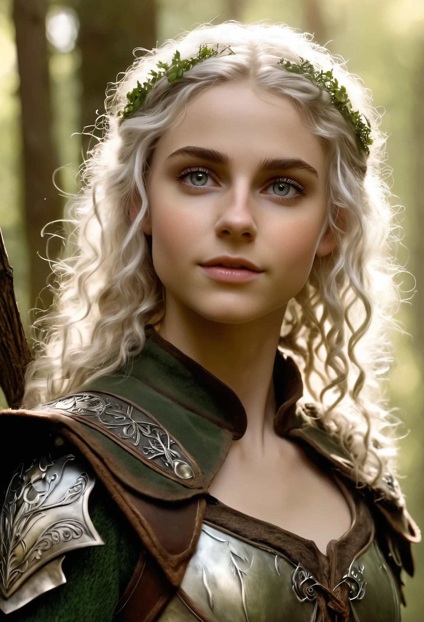 (Realistic:1.4), 18 years old elf ranger in the forest, pale curly disheveled hair, delicate features of a thin face, cute sexy, perfect full body, Fantasy style,  8K, proffesional photography, Hi-Def, lifelike skin, Without cosmetics, background of the Middle Ages, The sun shines its rays through the treetops, bokeh