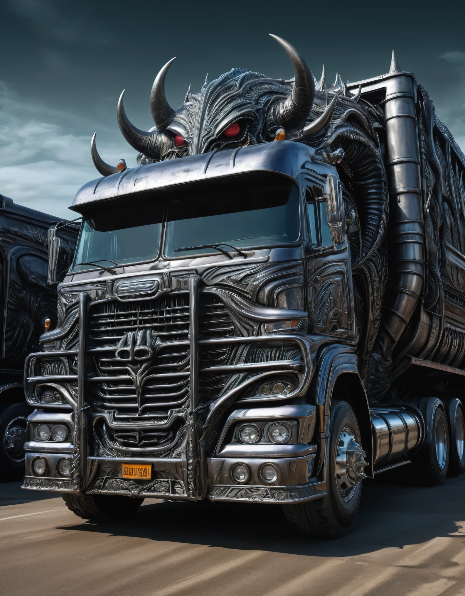 a large truck with a monster's mouth on the front of it, style of H R Giger, trending on zbrush central, fantasy art, made of liquid metal, made of cardboard, ultra detailed, hyper realistic, 8k, vibrant colors, sharp crisp image