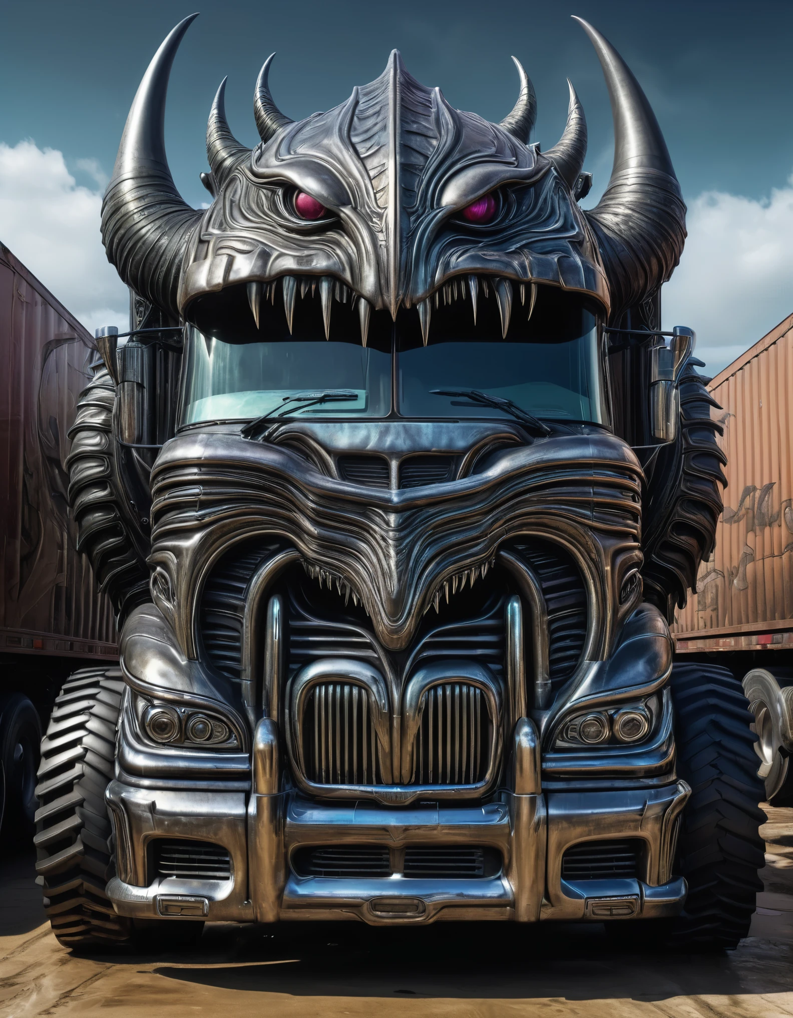 a large truck with a monster's mouth on the front of it, style of H R Giger, trending on zbrush central, fantasy art, made of liquid metal, made of cardboard, ultra detailed, hyper realistic, 8k, vibrant colors, sharp crisp image