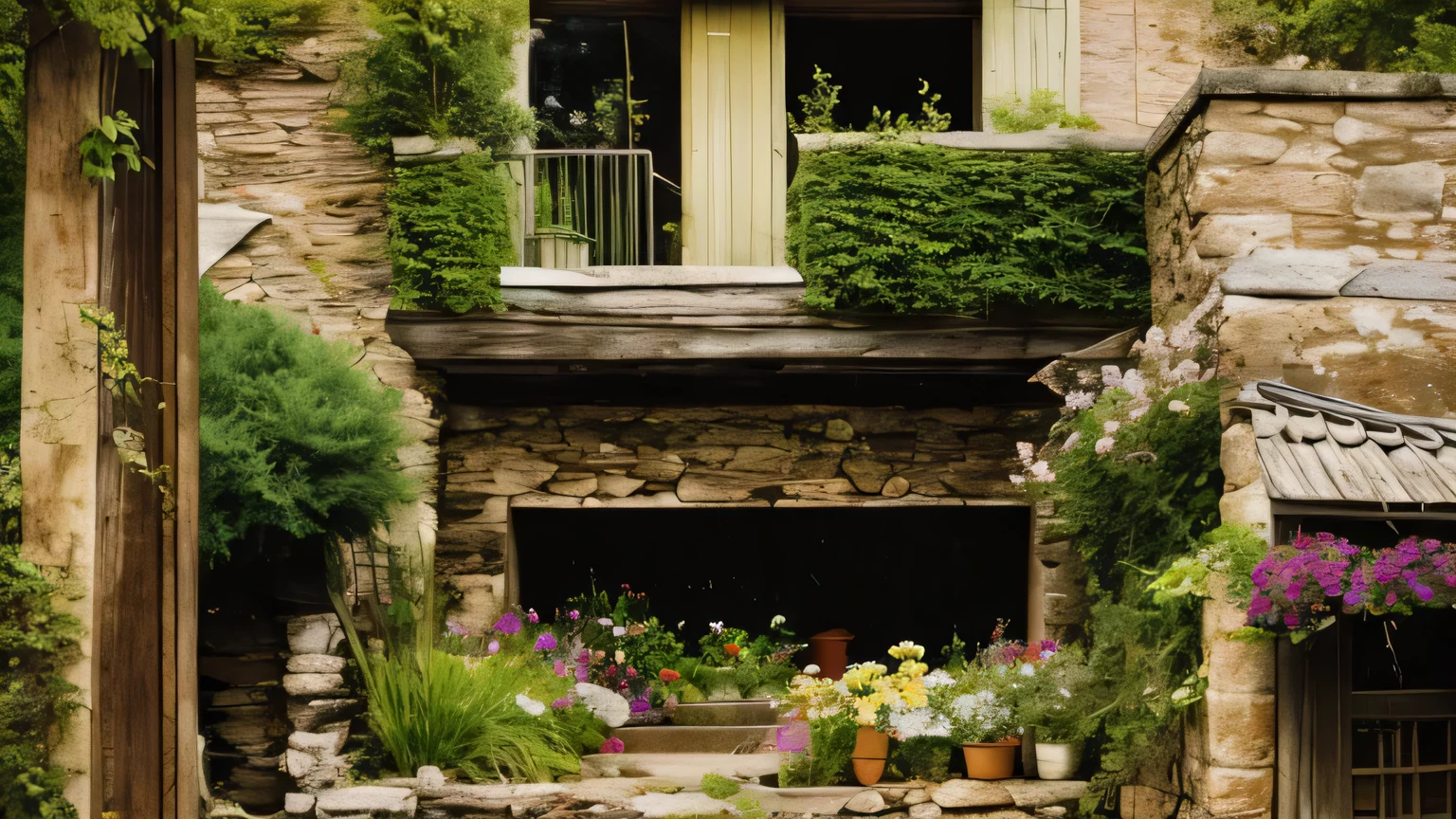 the river by the house, with plants and flowers