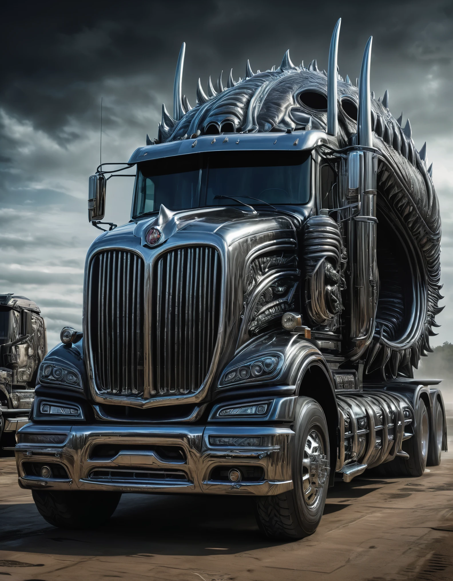 a large truck with a monster's mouth on the front of it, style of H R Giger, trending on zbrush central, fantasy art, made of liquid metal, made of cardboard, ultra detailed, hyper realistic, 8k, vibrant colors, sharp crisp image