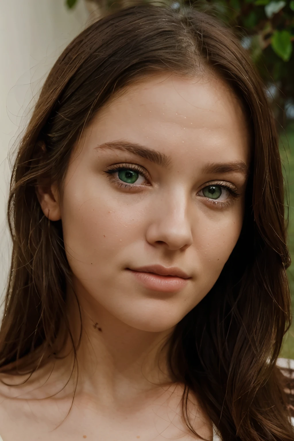 A portrait of a face of a beautiful white woman with green eyes. Perfect face. The woman is looking straight at the camera. We see her entire face. Very photorealistic.