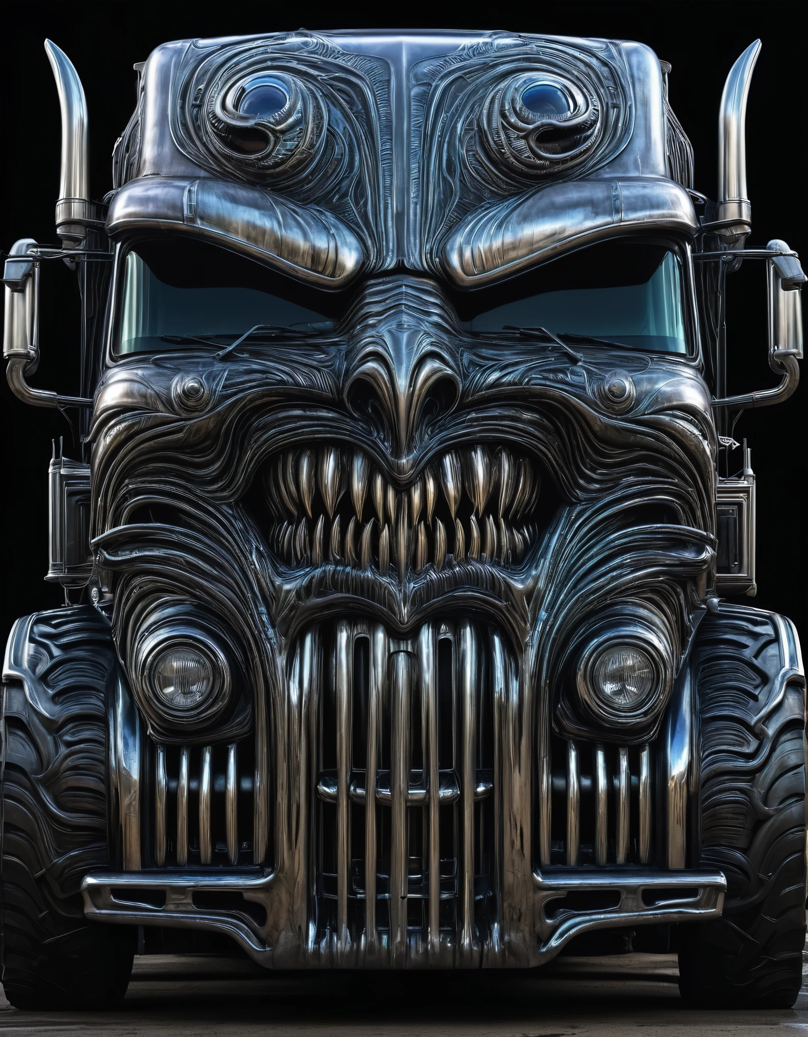 a large truck with a monster's mouth on the front of it, style of H R Giger, trending on zbrush central, fantasy art, made of liquid metal, made of cardboard, ultra detailed, hyper realistic, 8k, vibrant colors, sharp crisp image