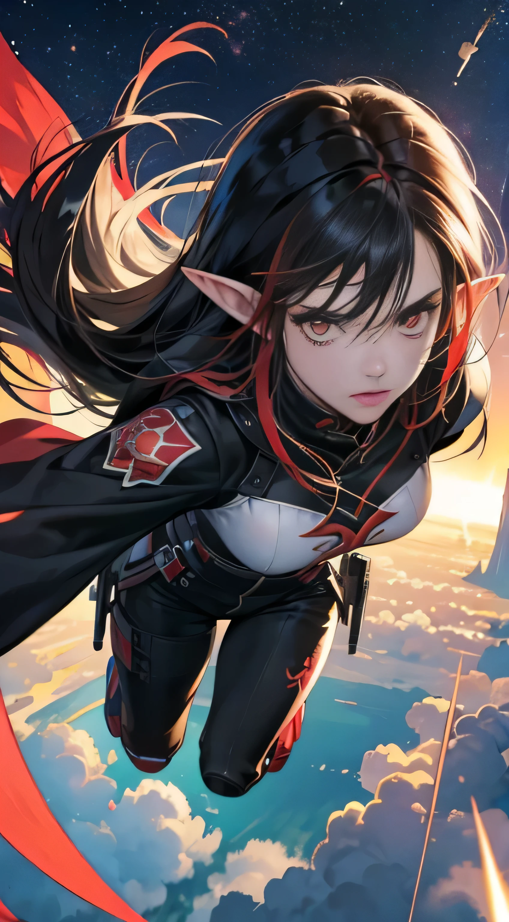 (Best Quality,4K,High resolution), 18yo woman, Red highlights on black hair, Long hair, Straight hair, pointed ears, elf, Cool Woman, Cold eyes ,sharp eye,glares,Red eyes,Soaring in the sky,Full body close-up,Looking down at the camera from above,Delicate illustrations drawn in detail,Clothes with intricate decorations, Cyberpunk Expressions,Realistic portrayal,luminous sky,Vibrant colors,(Best Quality,4K,High resolution),noisy,rampage,comic strip,animesque,Comical illustration,busy,Deformed cute illustration,Full body projection,Flying in the air,Flash from behind