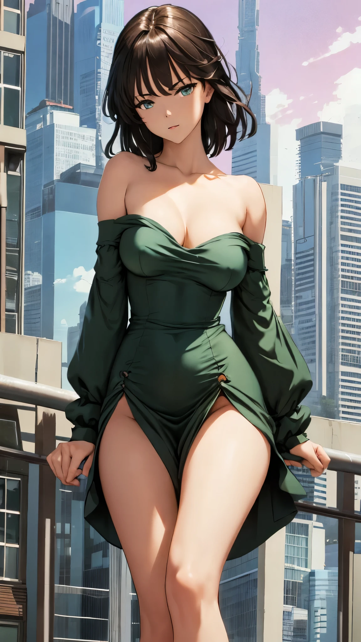 (best quality,4k,8k,highres,masterpiece:1.2),sexy and enchanting Fubuki from the anime One Punch Man, wearing her tight-fitting dress (no panties). Small breasts. Model-like figure. Appears to be -19 years olFloating in the air against the backdrop of skyscrapers. Nsfw.