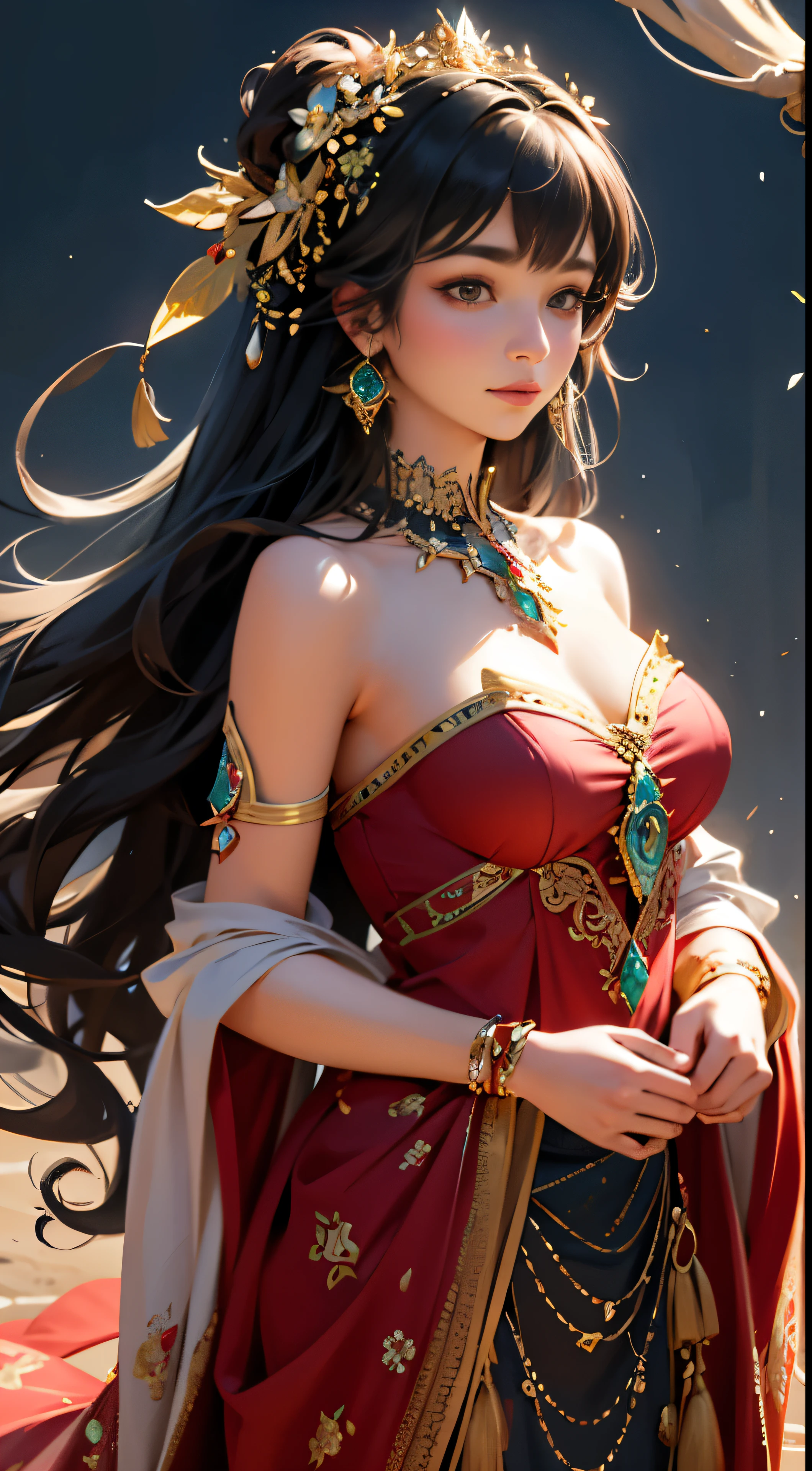 Gray Hair Woman, Gray Eyes, Royalty, Red Dress, Red Jewelry, Red Earrings, Lunar, Nobility, Noblewoman, High Quality, Highly Detailed, Detailed Face, Masterpiece, Castle, Drinking Tea, Garden, Flowers, Lights