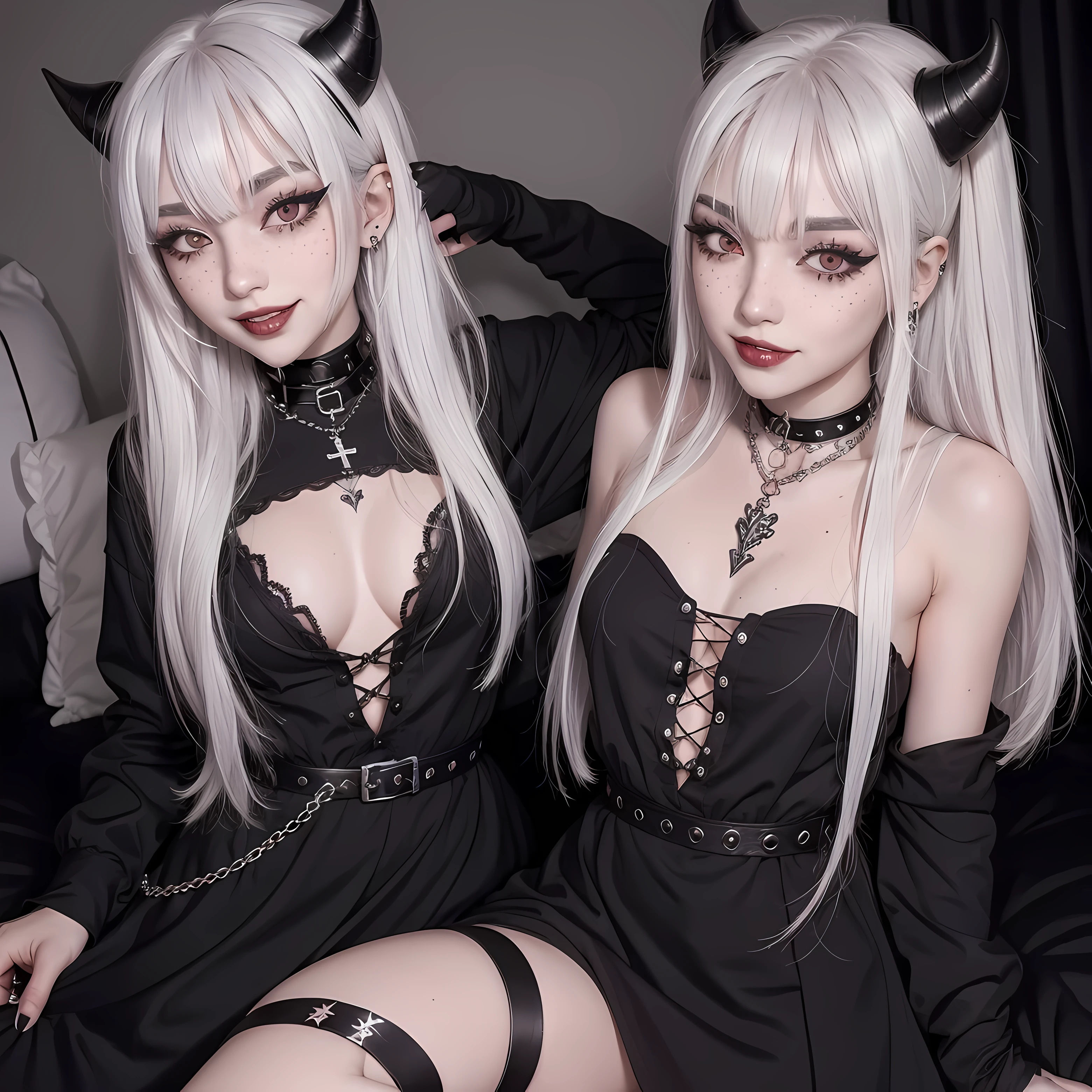 1girl, egirl, white hair, straight hair, freckles, devil horns, gothic dress, dog collar, eyeliner, mascara, eye shadow, smoky eyes, nose ring, smile, teeth, bedroom, egirl_face