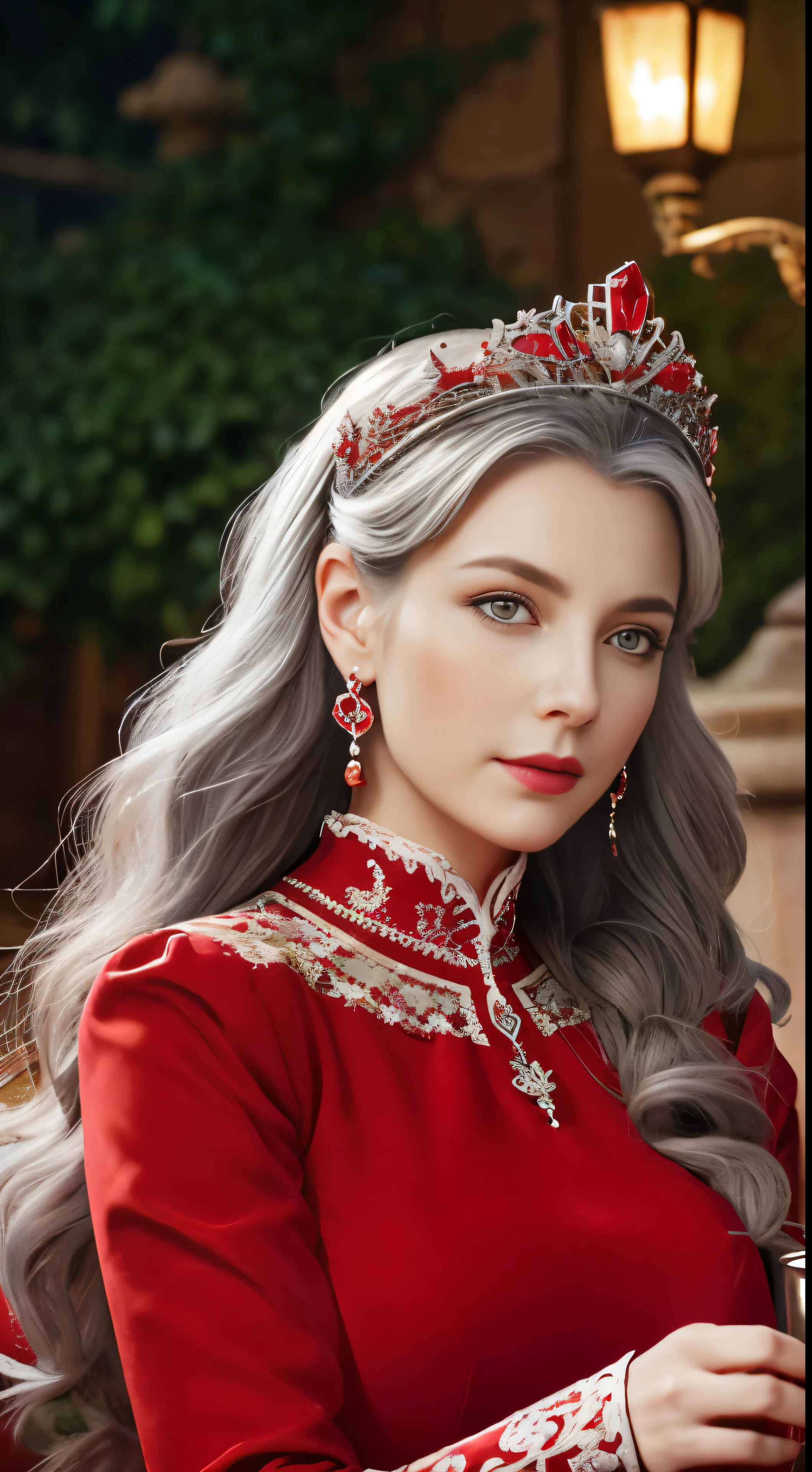 Gray Hair Woman, Gray Eyes, Royalty, Red Dress, Red Jewelry, Red Earrings, Lunar, Nobility, Noblewoman, High Quality, Highly Detailed, Detailed Face, Masterpiece, Castle, Drinking Tea, Garden, Flowers, Lights
