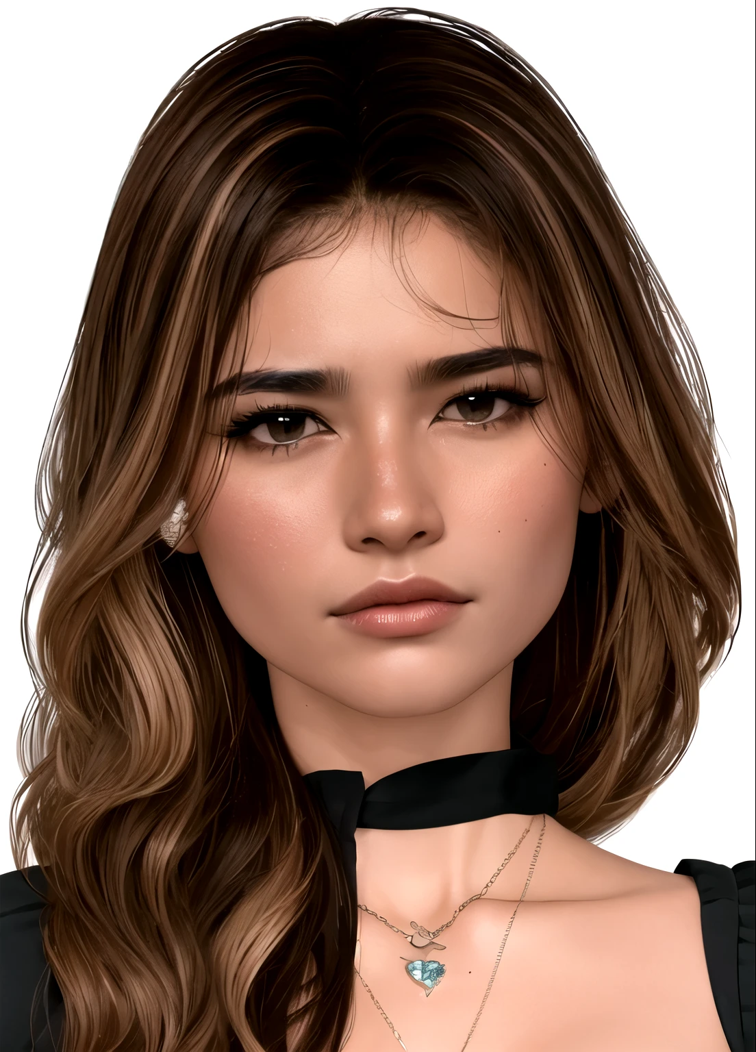um close up de uma mulher com um colar e um estrangulamento, Realista rosto detalhado, detailed Realista face, inspirado em Emma Andijewska, real rosto detalhado, pele brilhante, inspirado em Dulah Marie Evans, highly detailed Realista face, inspirado em Sim Sa-jeong, detailed and Realista face, Realista | rosto detalhado, Realista and rosto detalhado