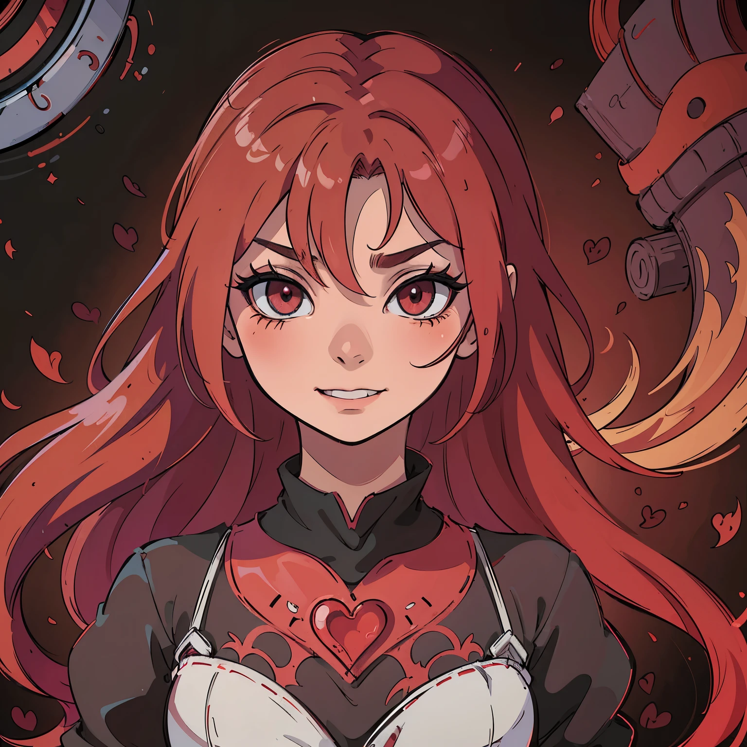 Vivid colors. A cruel villain with a menacing smile, a heartless genocida, standing in a covered area surrounded by hearts. The villain is a beautiful girl with vibrant red hair and captivating red eyes. She has a strong presence, like a princess of darkness. The scene is reminiscent of a surreal wonderland, with vivid colors and an anime-inspired style. The lighting accentuates the striking red hues, creating a dramatic atmosphere. The girl's appearance is both alluring and chilling, with an aura of darkness that matches her cruel nature. The artwork is of the highest quality, with ultra-detailed features and a photorealistic rendering. The composition captures the essence of the villain's character and evokes a mix of fascination and fear.