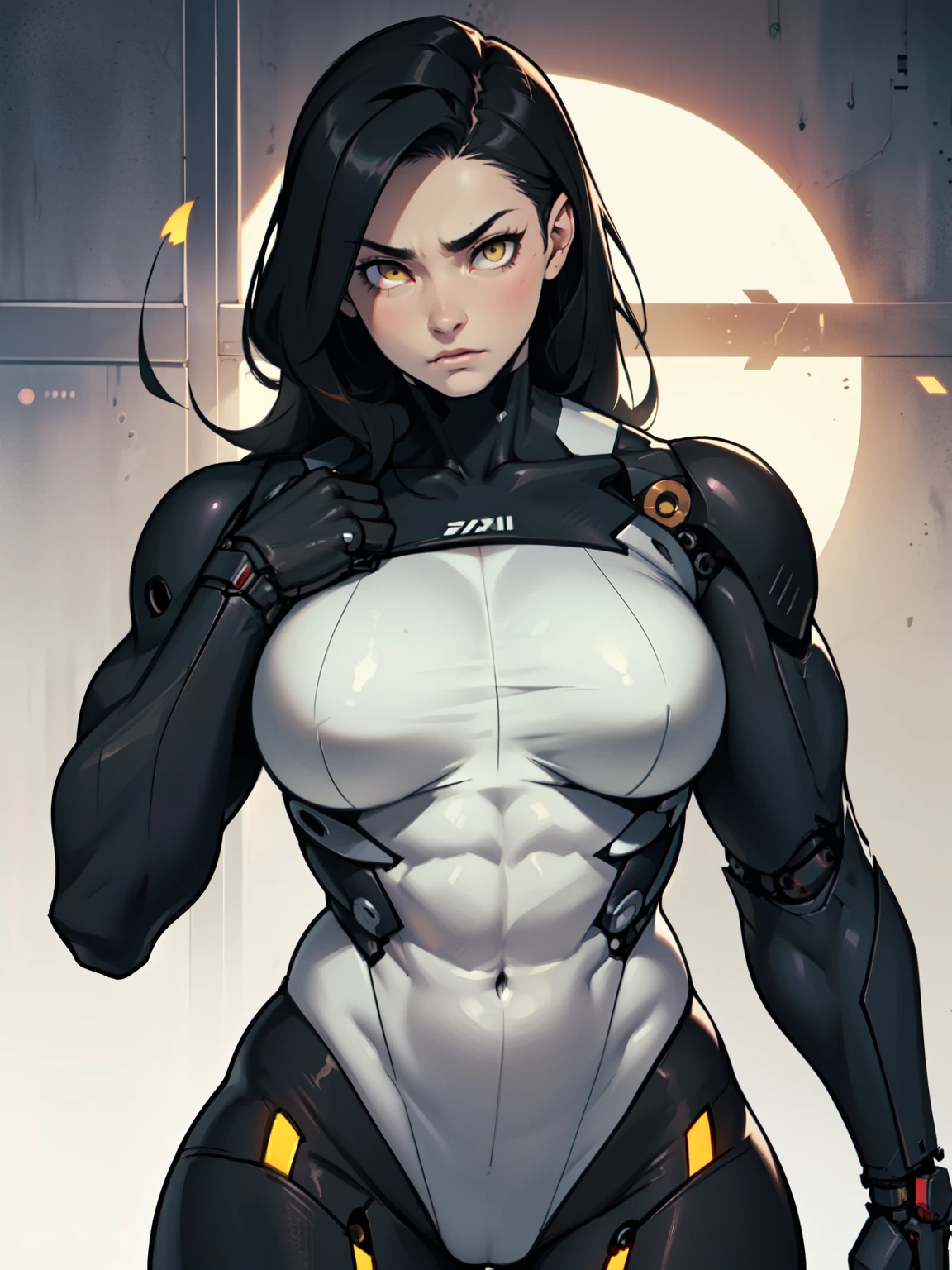 sad girl (((muscular girl large breasts thick toned body mechanical girl))) pale skin black hair yellow eyes sad thin waist long abs girl skintight (((large breasts thick toned muscular body mechanical girl)))