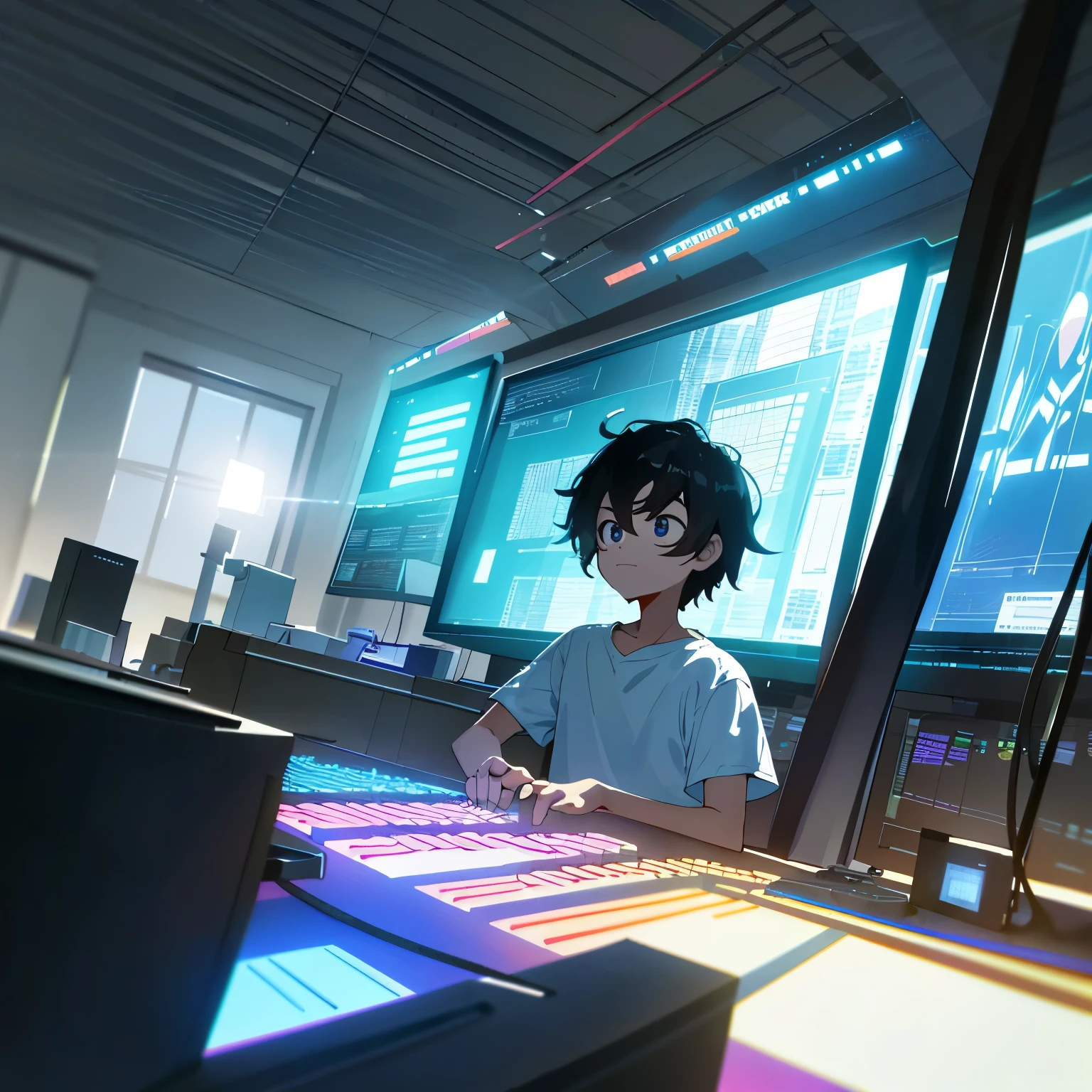 A new programming prodigy, clutching a bright and focused gaze, sits in front of an immaculate white computer screen. His simple white T-shirt bears testament to his dedication, his hands poised above the keyboard like a conductor orchestrating the symphony of code. This meticulously crafted, hyper-realistic digital painting exhibits the baby programmer's determination and eagerness to leave his mark in the realm of software development. The room, bathed in cinematic soft-light, boasts lights brilliantly casting elongated, captivating shadows, engendering depth and spatial complexity. The monitor in the backdrop boasts the emblematic "Hello World,"