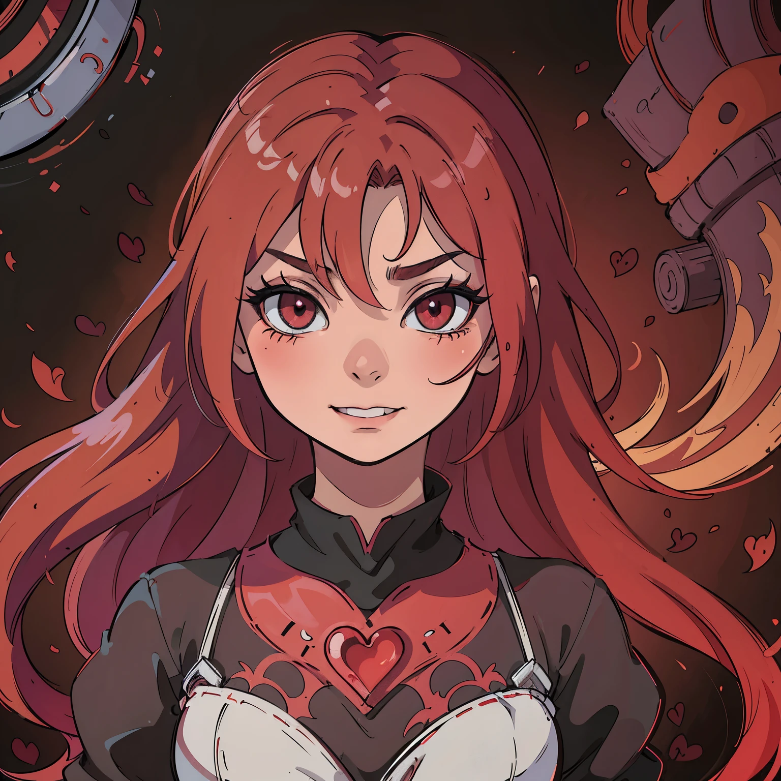 Vivid colors. A cruel villain with a menacing smile, a heartless genocida, standing in a covered area surrounded by hearts. The villain is a beautiful girl with vibrant red hair and captivating red eyes. She has a strong presence, like a princess of darkness. The scene is reminiscent of a surreal wonderland, with vivid colors and an anime-inspired style. The lighting accentuates the striking red hues, creating a dramatic atmosphere. The girl's appearance is both alluring and chilling, with an aura of darkness that matches her cruel nature. The artwork is of the highest quality, with ultra-detailed features and a photorealistic rendering. The composition captures the essence of the villain's character and evokes a mix of fascination and fear.