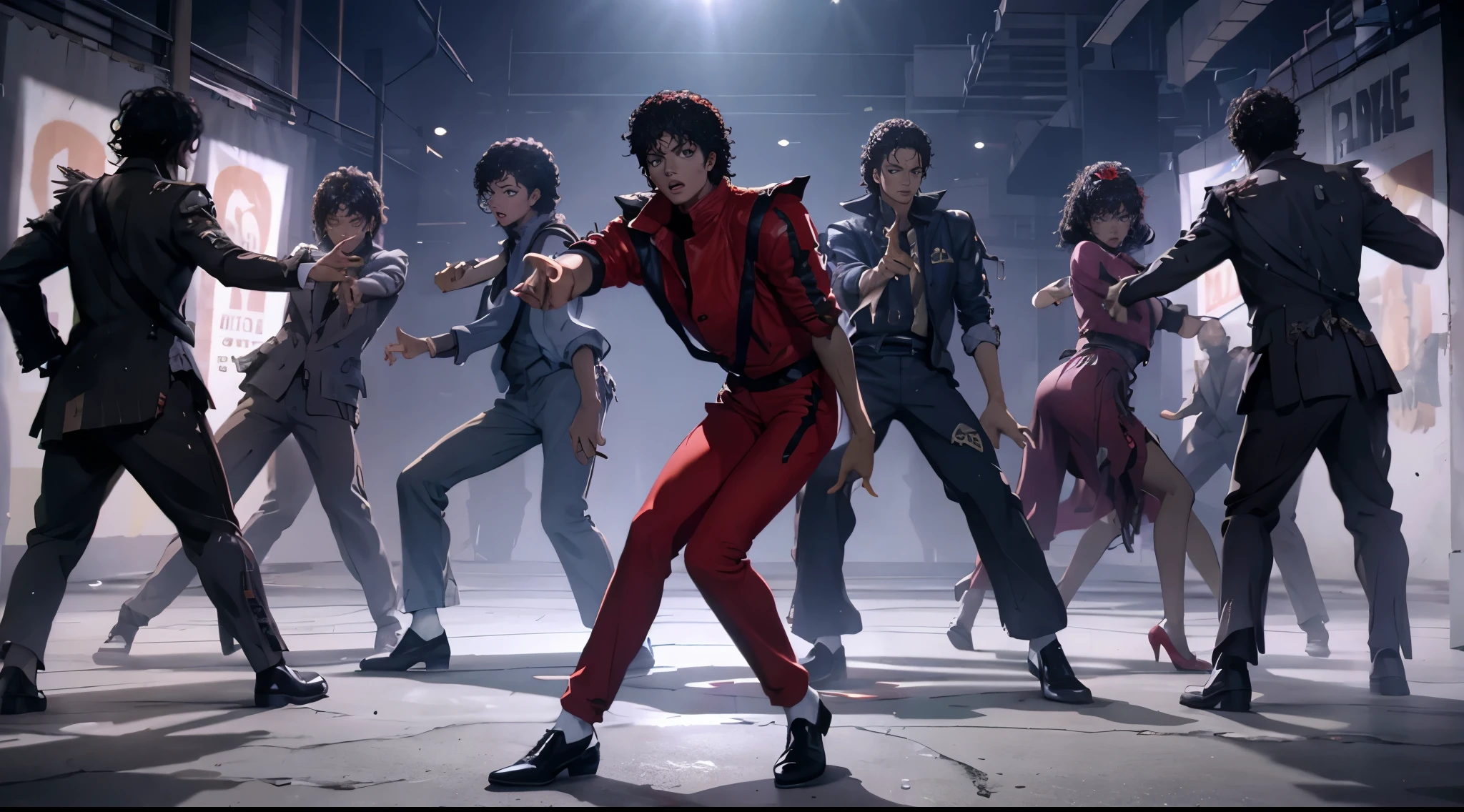 mjthriller surrouded by zombies, dancing King of POP, epic, uniform overall dance in back, mjthriller pointing fingers at viewer