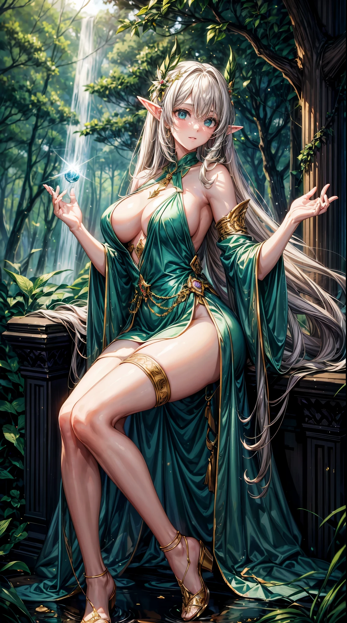 masterpiece,highest quality,Ultra high definition, A noble and beautiful elf woman stands quietly in an ancient forest. Her long, flowing blonde hair shines in the sunlight. Her skin is translucent, her ears are pointed, and her green eyes reflect the life of the forest. She wears shining emerald robes and holds a magic wand in her hand. In the background, huge old trees and glowing particles of light dance, creating a mysterious atmosphere,smile