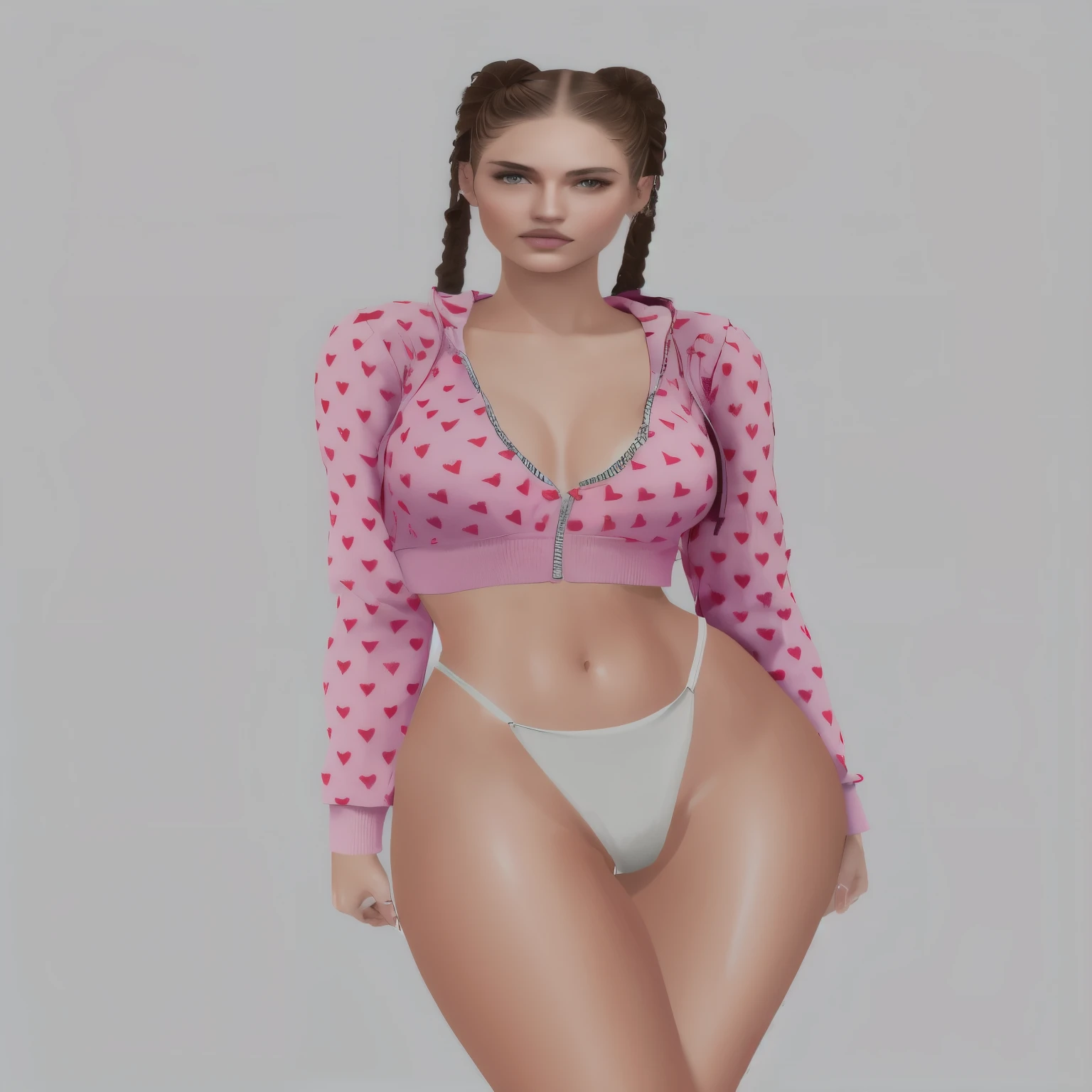 Mujer araffed con un top rosa y bragas blancas posando, sexy :8, en ropa! muy detallado, piel bronceada, una oveja, uno, render de abril, grueso, piel clara, pose casual, seductor. muy detallado, ropa realista, piel brillante, sin capucha | | sombreado realista, Ropa de pecho en V abierta, cuerpo de chicle