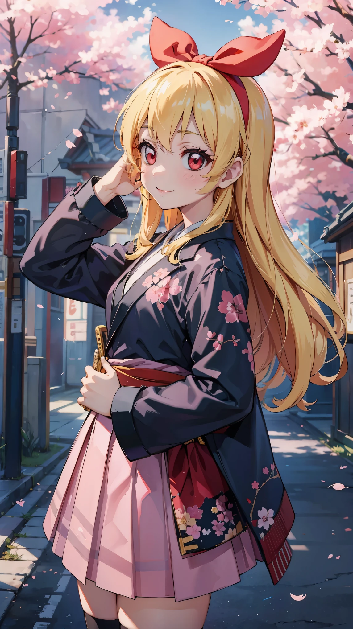absurdres, absolutely resolution, incredibly absurdres, highres, ultra detailed, official art, unity 8k wallpaper,
BREAK
1 girl, soro, long hair, blonde hair, bow, kimono blazer, kimono skirt, over black legwear,, doyagao, smile, red eyes, kimono, cherry blossom print,
BREAK
holding weapon, holding katana, (katana:1.2), fighting stance, cowboy shot,
BREAK
(cyberpunk:1.1), cyber city, neon city, cyber street, japanese night, cherry blossoms, sakura fubuki, Ichigo Hoshimiya (Aikatsu!)