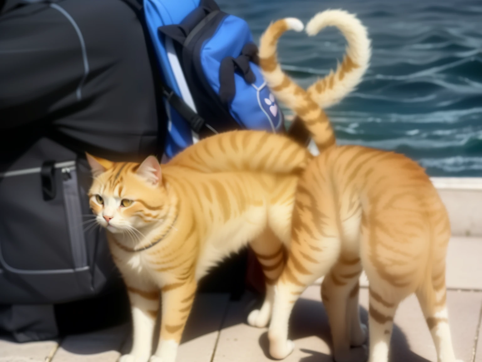 there are two cats standing next to a person with a backpack, cat ears and cat tail!, two headed cat, cat tail, cat ears and tail, two cats, real-life tom and jerry, infinity symbol like a cat, mmmmm, cats, cat seahorse shapeshifter, cute cats, !!! cat!!!, forming a heart with their necks, !!!! cat!!!!