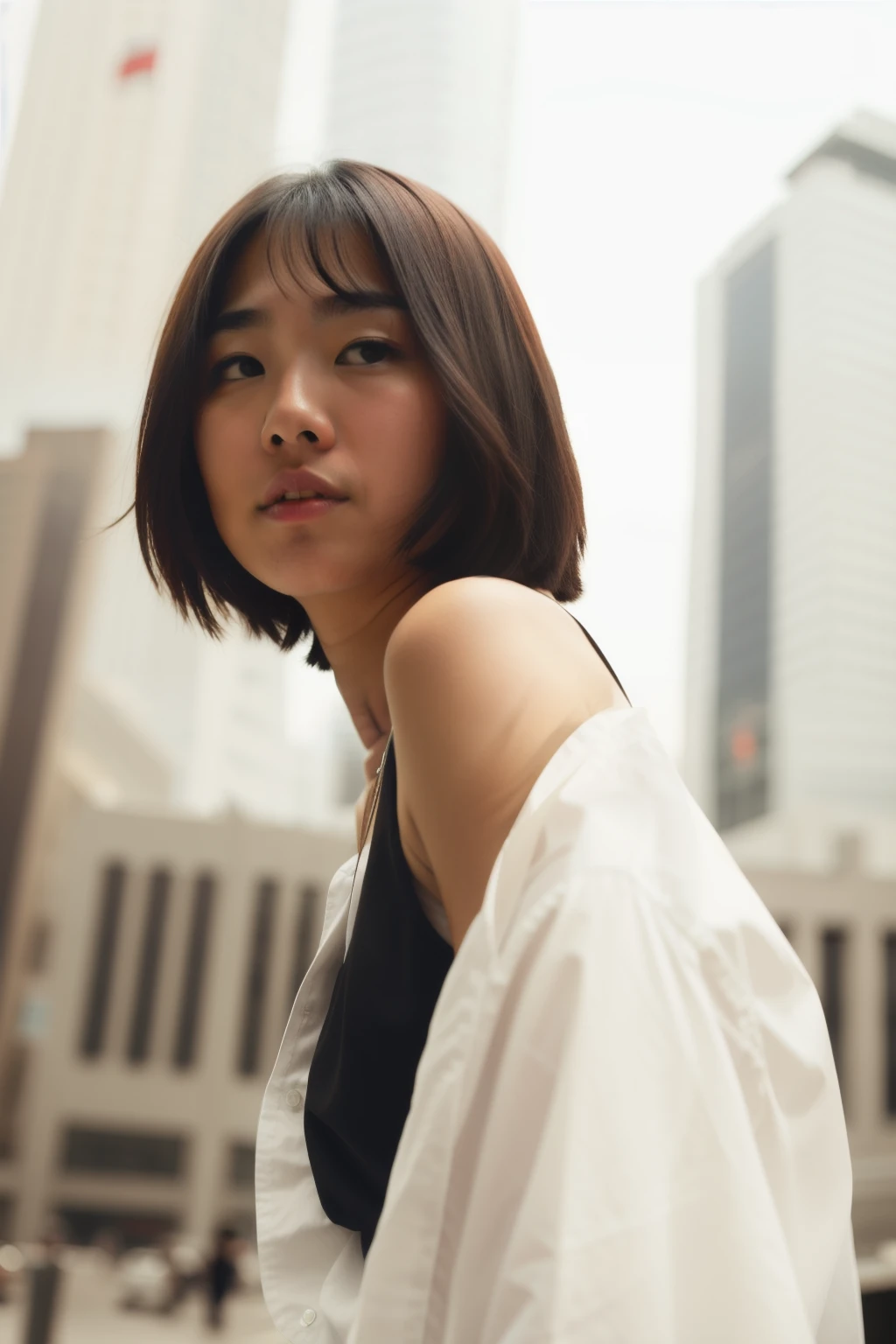 arafed woman with a white shirt and black top in front of a city, with short hair, a young asian woman, young asian woman, ethnicity : japanese, shot in canon 50mm f/1.2, taken with canon eos 5 d, shot on canon eos r5, shot on canon eos r 5, portrait of a japanese girl