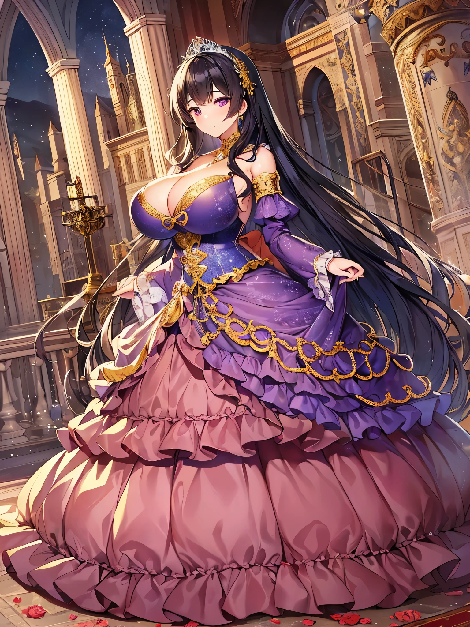 ((anime artstyle)),Masterpiece,Best Quality,Super Detail,((Very Delicate and Beautiful)),Solo,((full body)),full body portrait,(((1 bling-bling princess in a gorgeous rococo ballgown with voluminous full length hoop skirt))),(((very very gigantic tits,cleavage,curvy))),Skindentation,((Cathedral,church)),((crinoline,long train)),super detailed gorgeous ballgown with voluminous full length hoop skirt,gorgeous princess rococo ballgown with long train,beautiful embroidery and jeweled,(((gorgeous princess rococo ballgown with beautiful embroidery and jeweled))),(detailed face and eyes),jewel-like eyes,((extremely voluminous straight Hair,Extremely Long Straight Hair)),extremely gorgeous hair ornament,((extremely gorgeous bling-bling big tiara)),bling-bling luxurious jewelry,Beautifully detailed lots of lace and ruffles,(Dynamic Angle),(((gorgeous rococo ballgown with voluminous full length hoop skirt))),full body
