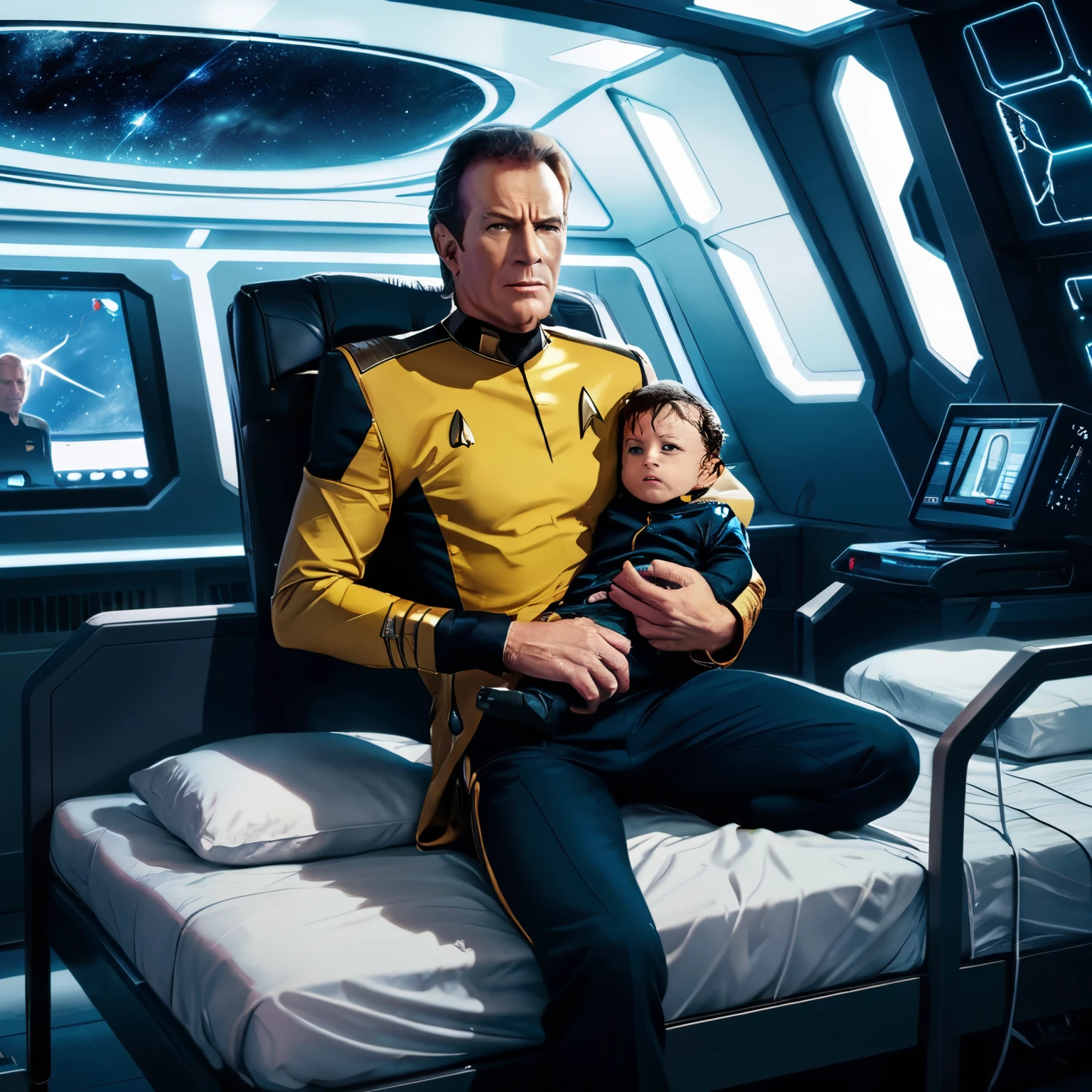 arafed man in yellow shirt sitting on bed with , textless, in the style star trek 8 k, from star trek 2021, star trek, by John La Gatta, captain kirk, charlie bowater and mark brooks, in the role of captain kirk, sttng, from star trek, key art, star trek the next generation