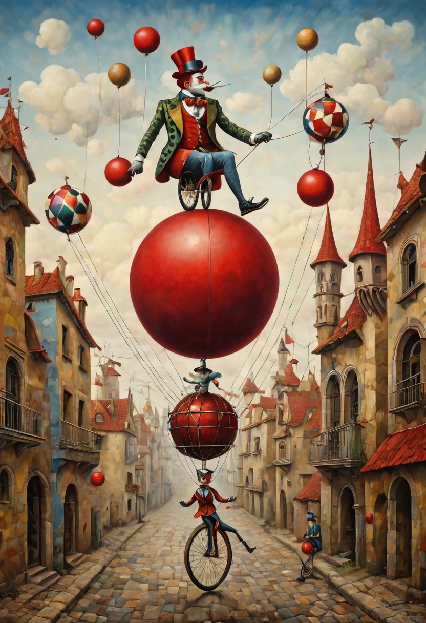 
Neo surrealism, whimsical art, painting, fantasy, magical realism, bizarre art, pop surrealism, inspired by Remedios Var, Jacek Yerka and Gabriel Pacheco. Create an a Harlequin rides a unicycle on a wire that is placed between two towers and juggles red balls.