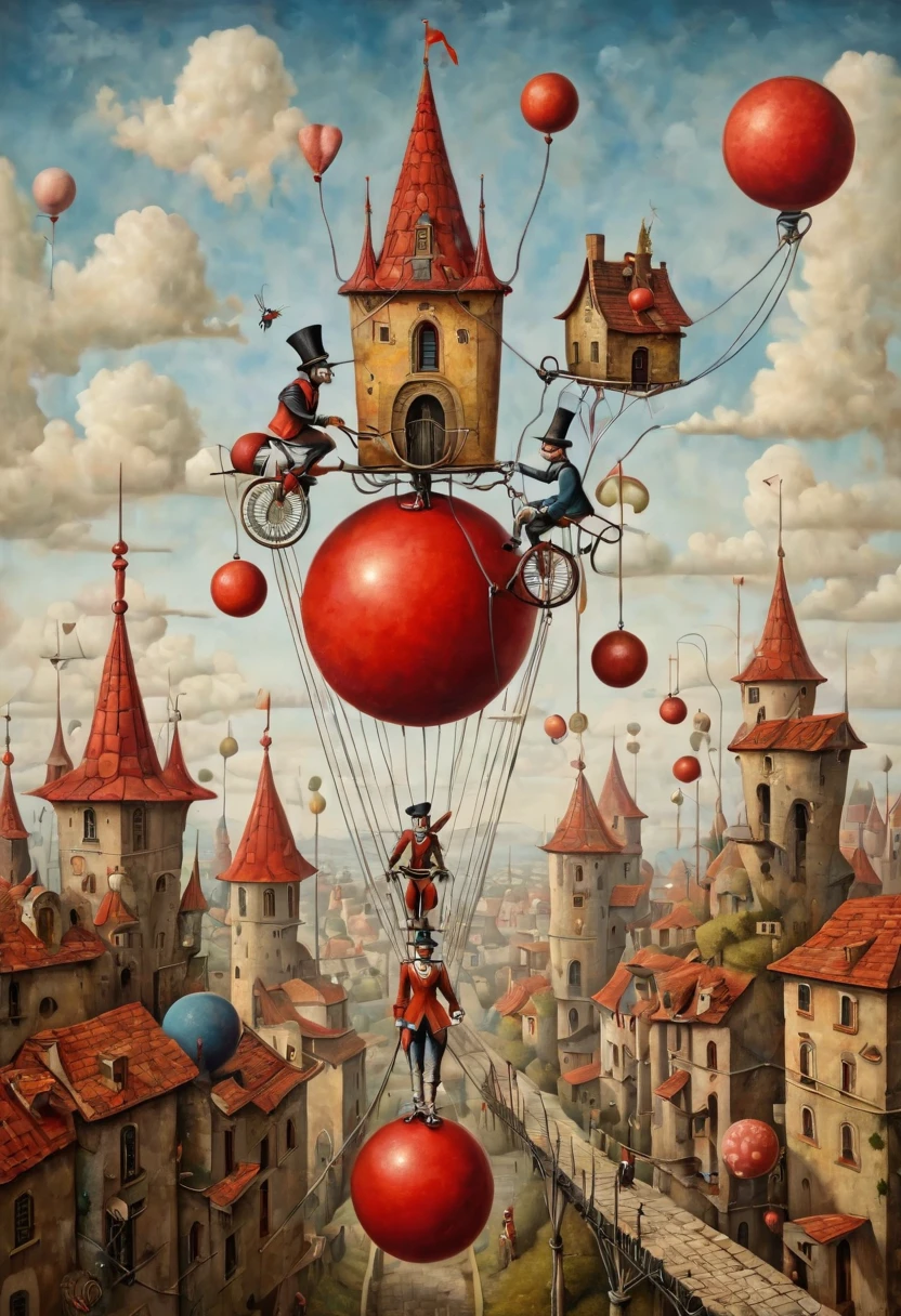 Neo surrealism, whimsical art, painting, fantasy, magical realism, bizarre art, pop surrealism, inspired by Remedios Var, Jacek Yerka and Gabriel Pacheco. Create an a Harlequin rides a unicycle on a wire that is placed between two towers and juggles red balls.