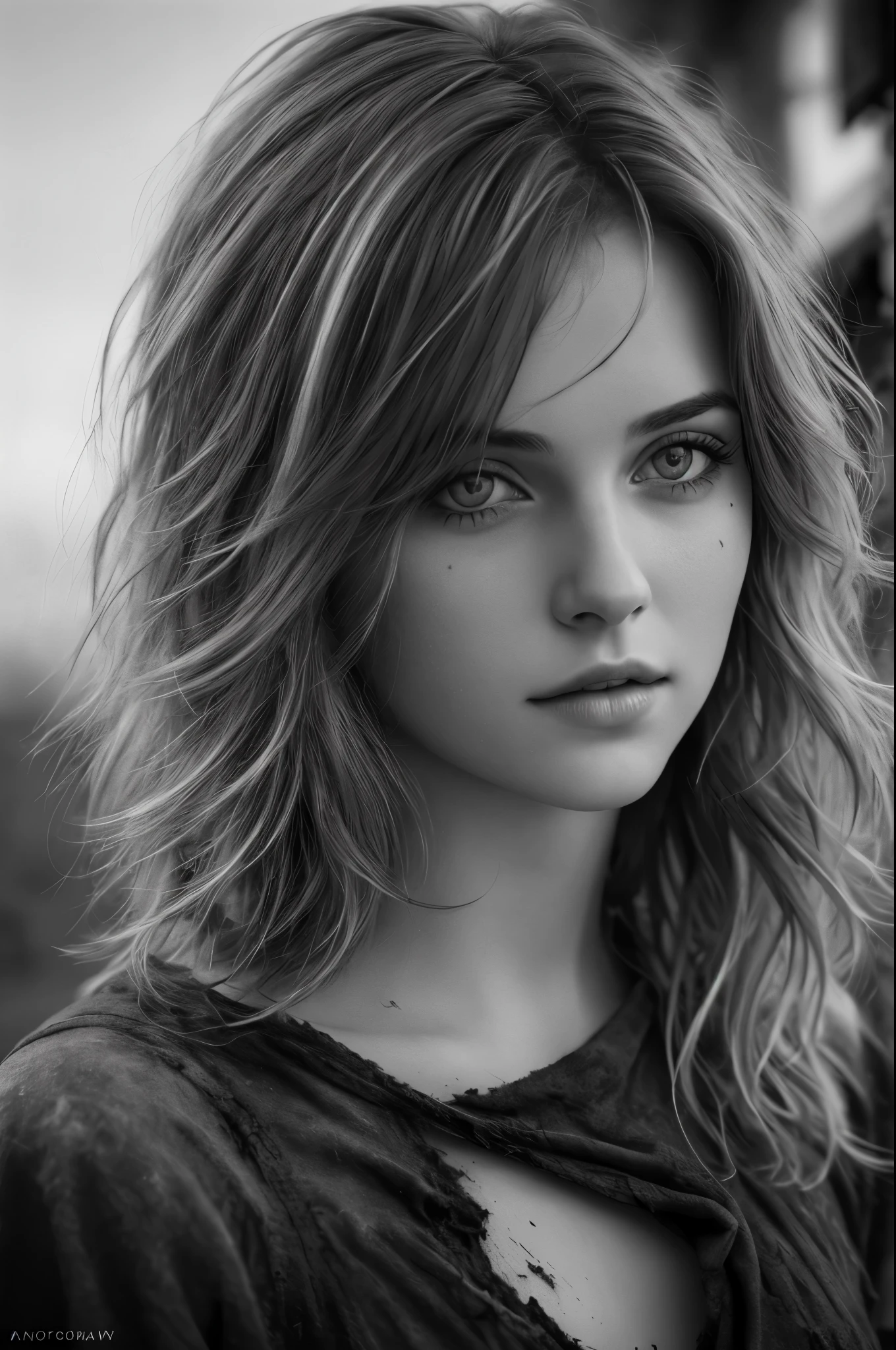 Photorealistic, cute woman with messy hair and poor tattered clothes, cute sexy, (detailed medieval background), ultra sharp focus, detailed face, (((posing))), random hair color, short hair, beautiful eyes, full body, high quality black and white analog photo, depth of field, film grain