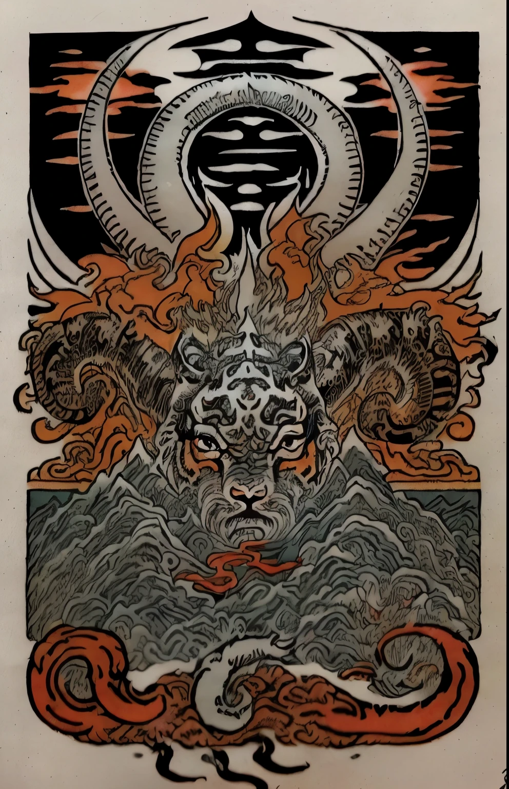 Close up of tiger and dragon poster, traditional tattoo, tattoo, tattoo graphics, Traditional Ink, oriental tattoos, Inspired by Miao Fu, inspired by Kanō Takanobu, tattoo, whole tattoo, inspired by Okamoto Tarō, tattoo style, Japan Inspired Poster, Traditional Chinese, inspired by Yamamoto Shōun