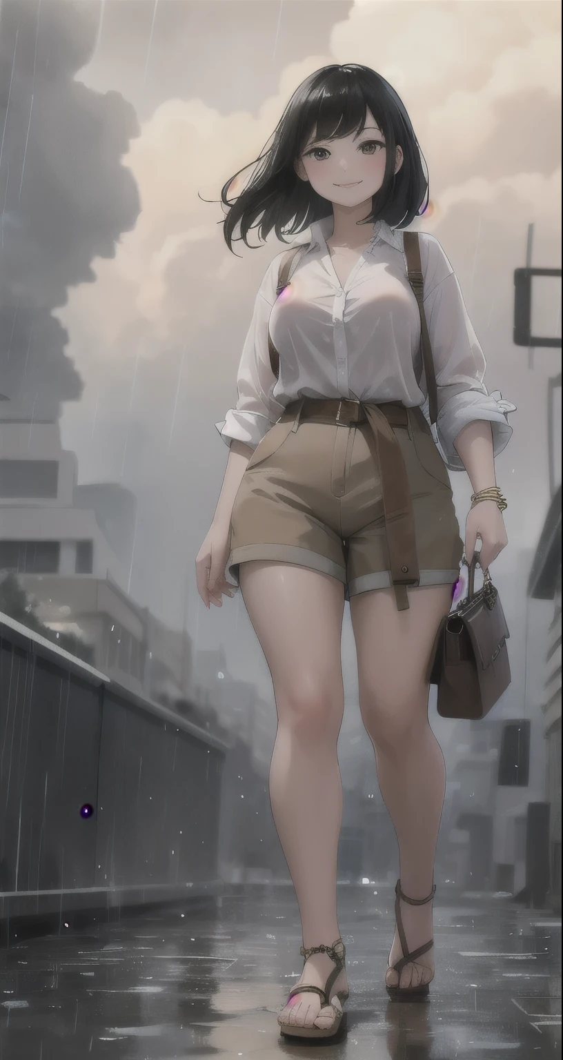 (masterpiece),(intricate details),1girl,mature female,,black hair,Long bold side bangs,,pale skin,large breasts,smile,brown eyes
BREAK 
, White_linen_button-down_shirt, beige_linen_shorts, nude_sandals, draw detailed feet and toes,woven_crossbody_bag, gold_bangle_bracelets,,
((walking on the darkened sky,raining)),((cumulonimbus)),((full body)),from below:1.3,depth of field,looking at viewer,