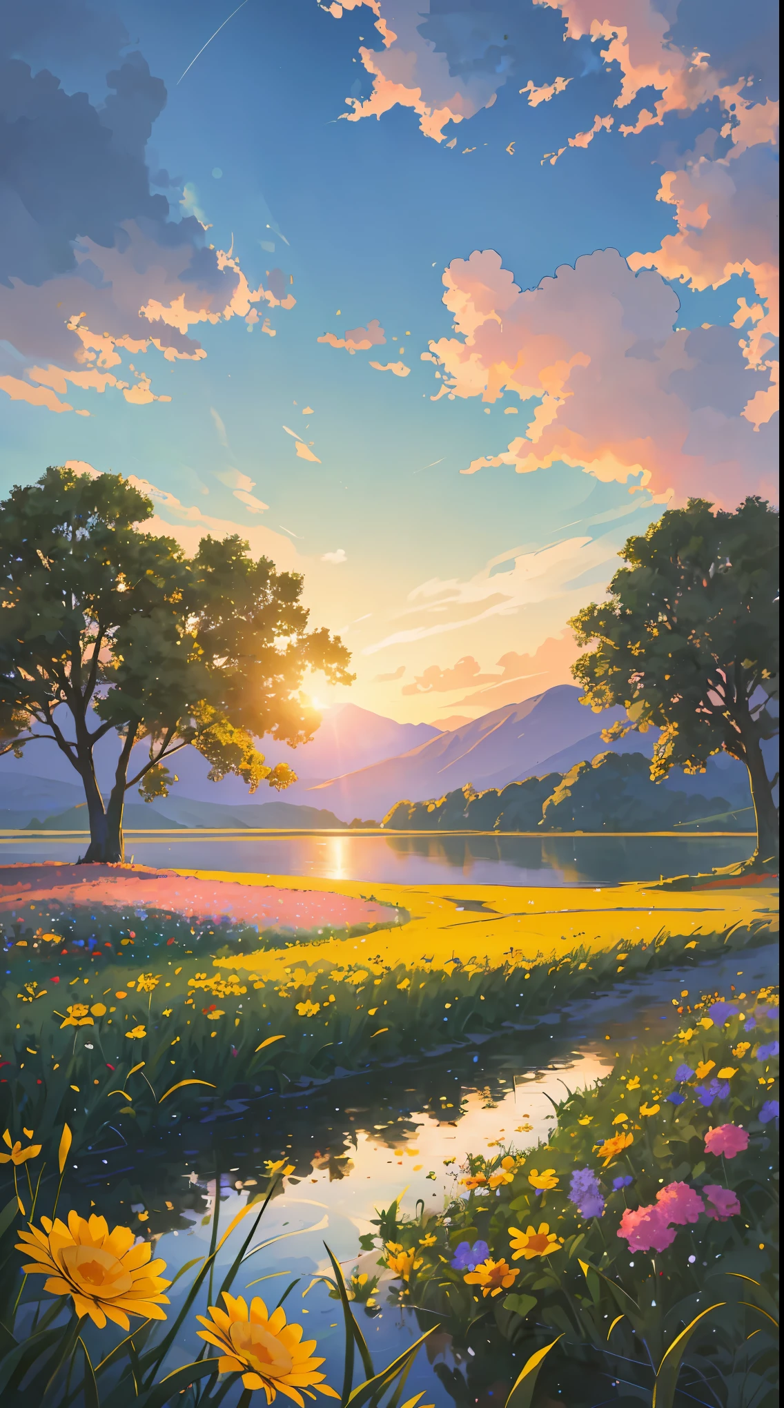 sunset, lake, flower fields,
meadows, bright sun, blue sky, stars, big clouds, 4k, stunning, sharp, intricate details, (high resolution: 1.5), saturated, plants in water flowers, more land less water, tall grass, detailed plants and trees