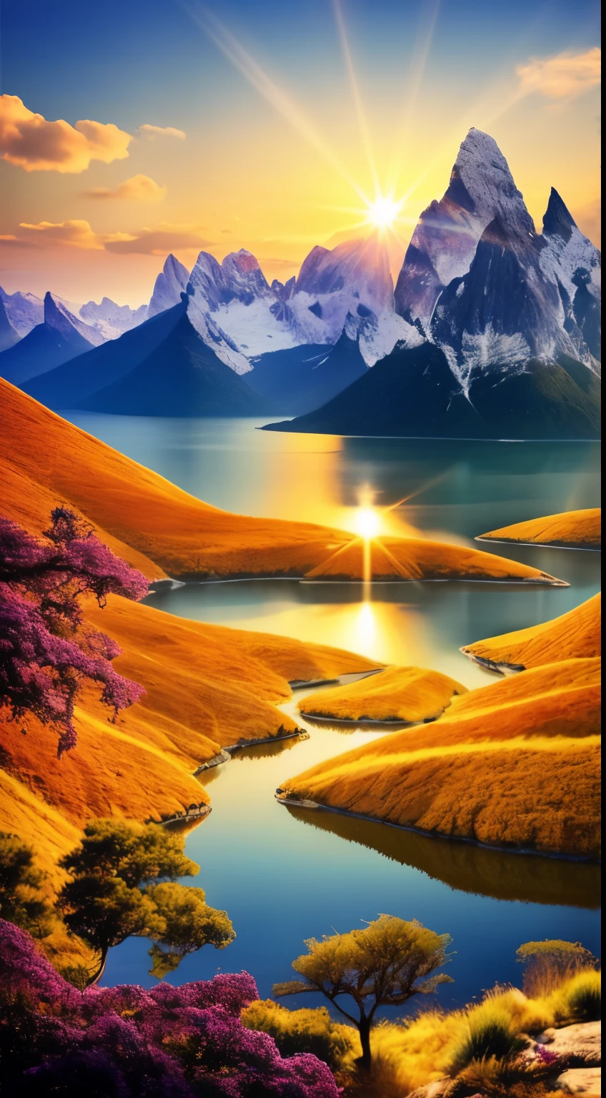 Create an image of a serene figure in deep meditation, set against the backdrop of a breathtaking landscape. This masterpiece requires captivating and fantastic lighting that brings out the intricacies of the scene. The sun casts a warm, golden glow over the land, bathing the landscape in a high-contrast and beautifully detailed light. The mountains in the distance, with their snow-capped peaks, appear ethereal and otherworldly, as the sun's rays reflect off their surfaces. The sky is alive with vibrant, photorealistic clouds, emitting radiant, glowing flower-shaped elements that add a touch of surreal beauty to the image. The tranquil waters