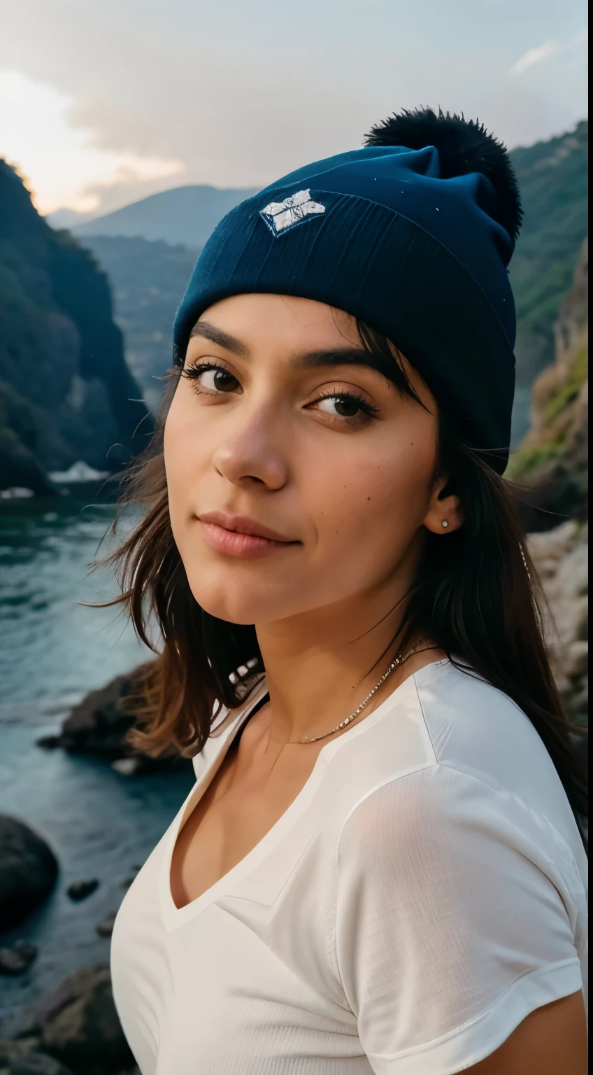fotorrealista, A melhor qualidade, hiper detalhado, Mulher bonita, Foto selfie, Parte superior do corpo, apenas, Uso de camisa, ao ar livre, (noite), montanhas, natureza da vida real, estrelas, Policial, (alegre, feliz), saco de dormir, Luvas, estacionar, gorro, lanterna, floresta, Rocas, Tempo, madeira, humo, servido, clear sky, analog style, Olhando para o espectador, textura da pele, film grain, fechar, ultra-high resolution, melhor sombra, .CRU, instagram LUT