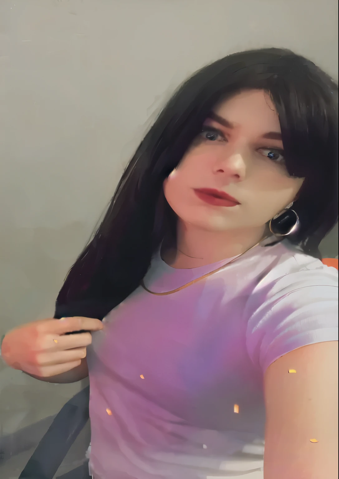 there is a nude transgender woman with long hair and a purple shirt, with straight black hair, charli bowater, taken in the early 2020s, leaked photo, marceline from adventure time, taken in the late 2000s, very very low quality picture, with long dark hair, halfbody headshot, very very high quality